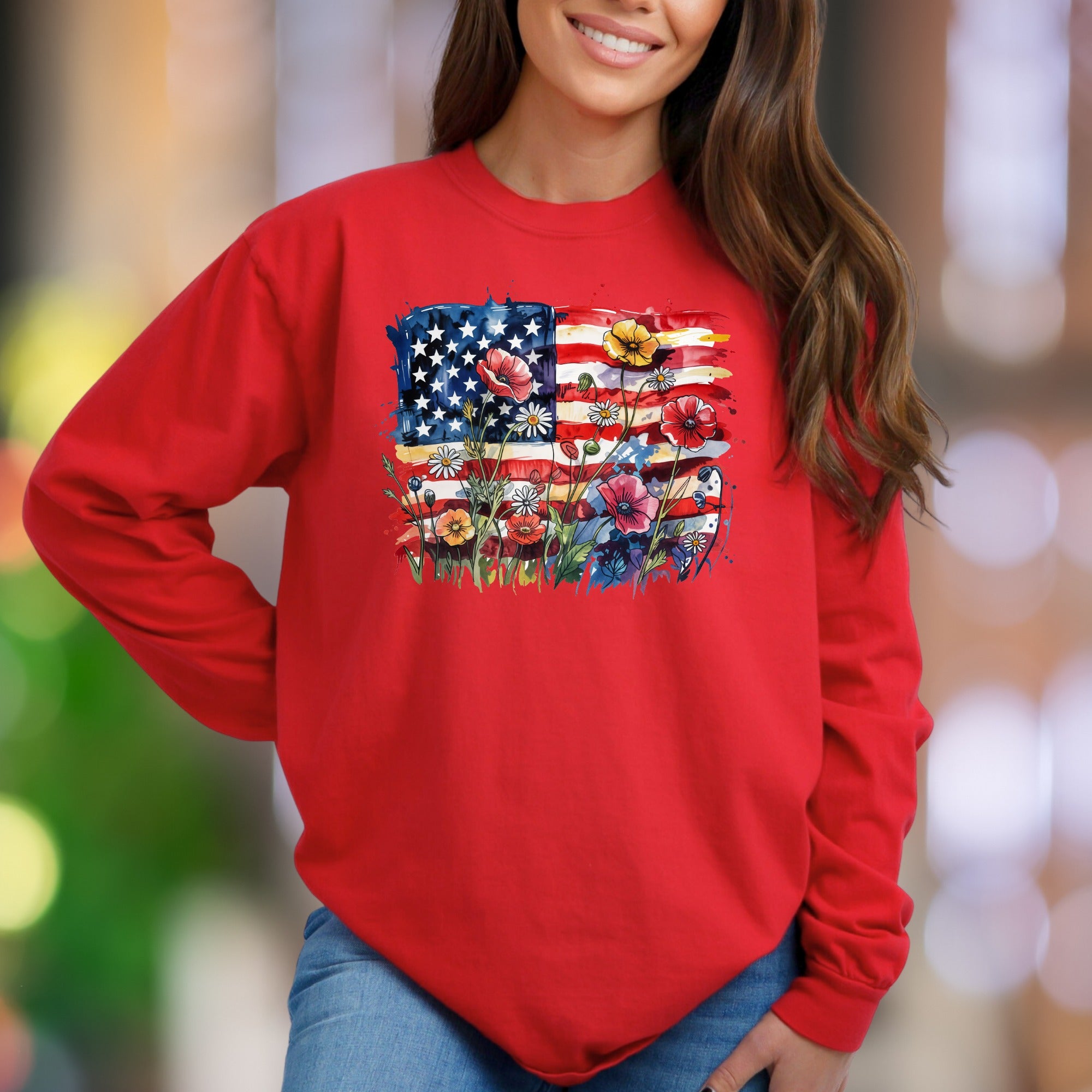 "Watercolor Floral Flag" | Patriotic Nature Unisex Adult Sweatshirt | Expressive Lifestyle