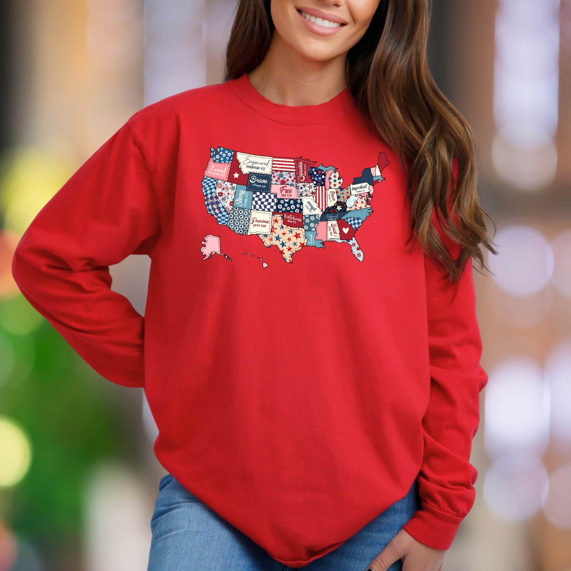 "Loved, Empowered, Brave, Free, Strong, Precious, Victorious" | Patchwork Map Unisex Adult Sweatshirt | Spiritual Confidence