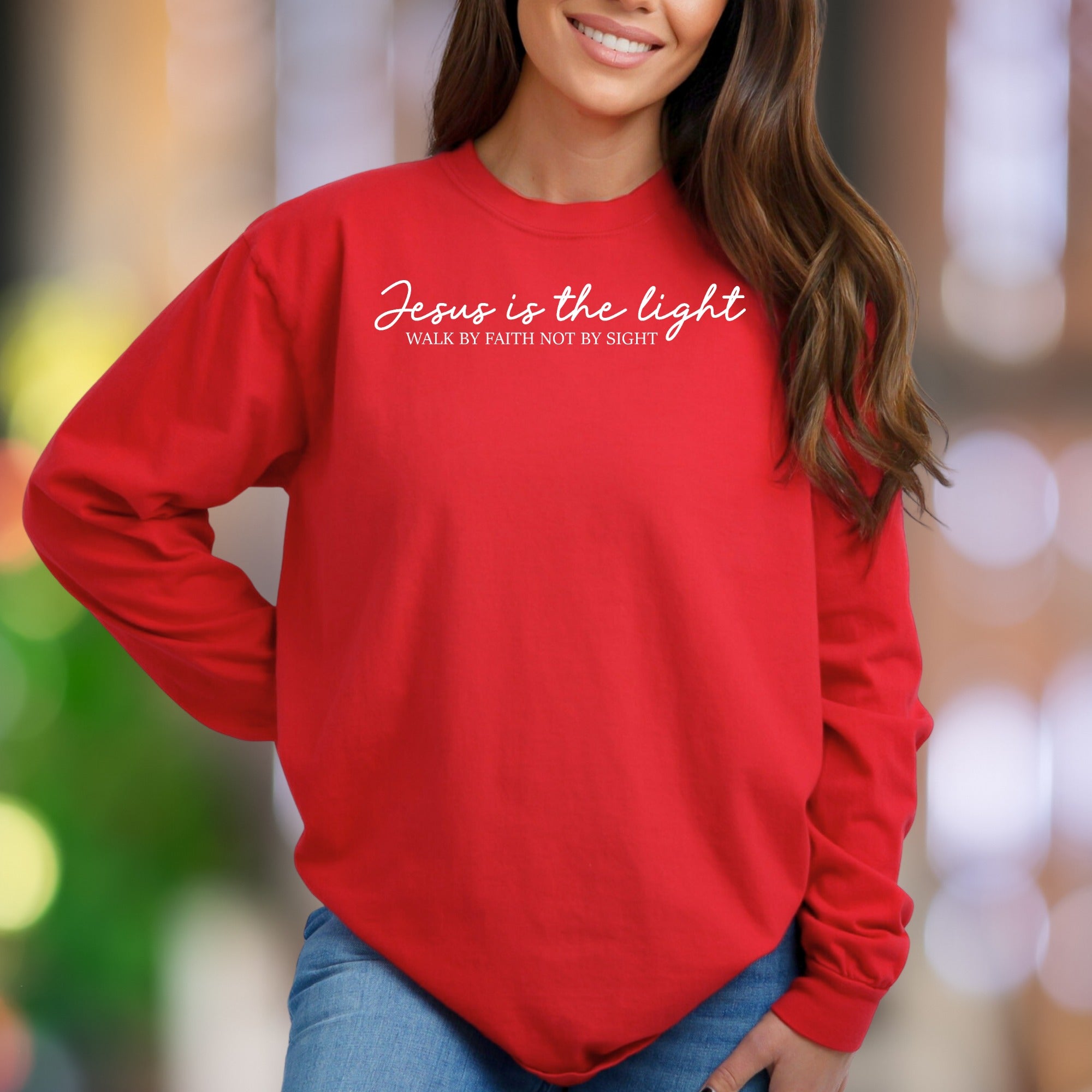 "Jesus is the light - Walk by faith not by sight" | Script Typography Unisex Adult Sweatshirt | Inspirational Lifestyle