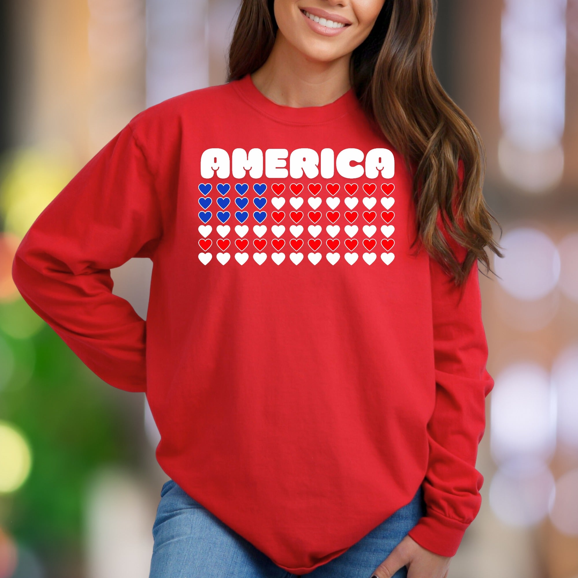 "AMERICA" | Patriotic Hearts Unisex Adult Sweatshirt | American Pride Wear