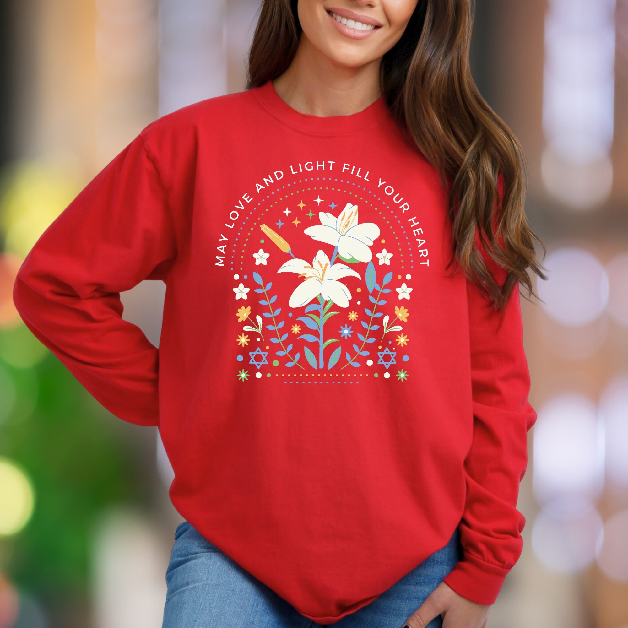 "May Love And Light Fill Your Heart" | Floral Graphic Unisex Adult Sweatshirt | Inspirational Art