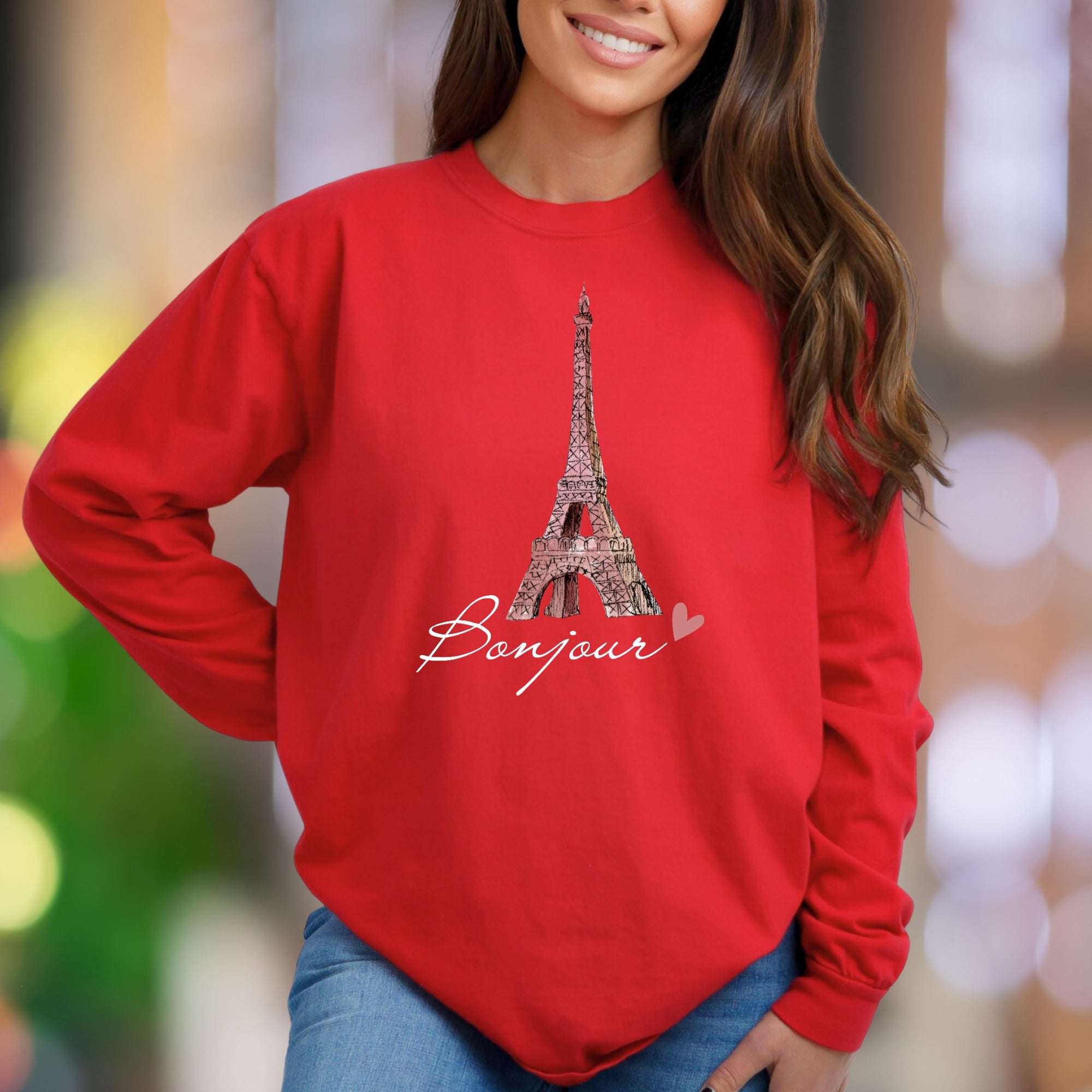 "Bonjour" | Parisian Eiffel Tower Unisex Adult Sweatshirt | Travel & Lifestyle