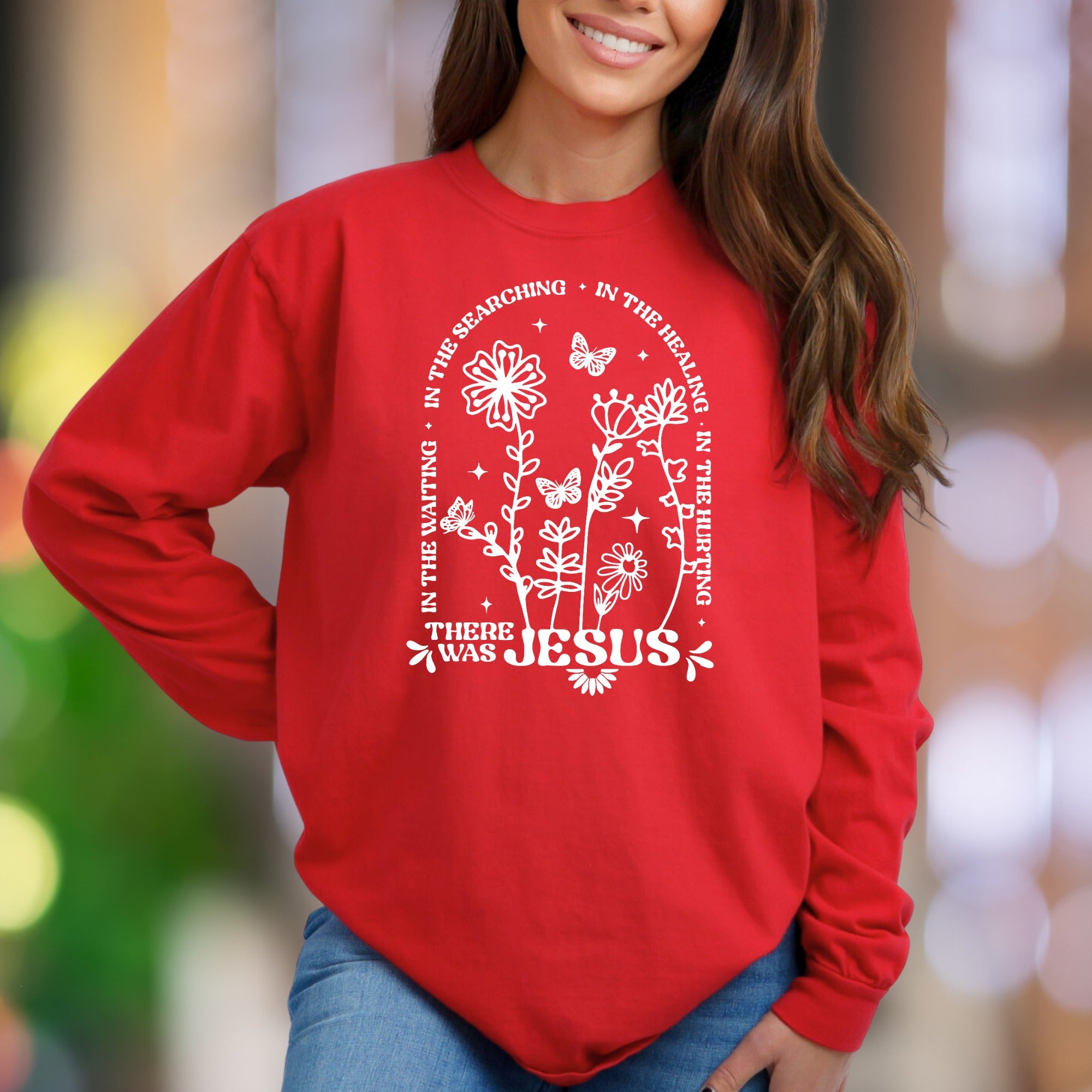 "In The Searching... There Was Jesus" | Botanical Typography Unisex Adult Sweatshirt | Faith-Inspired Lifestyle