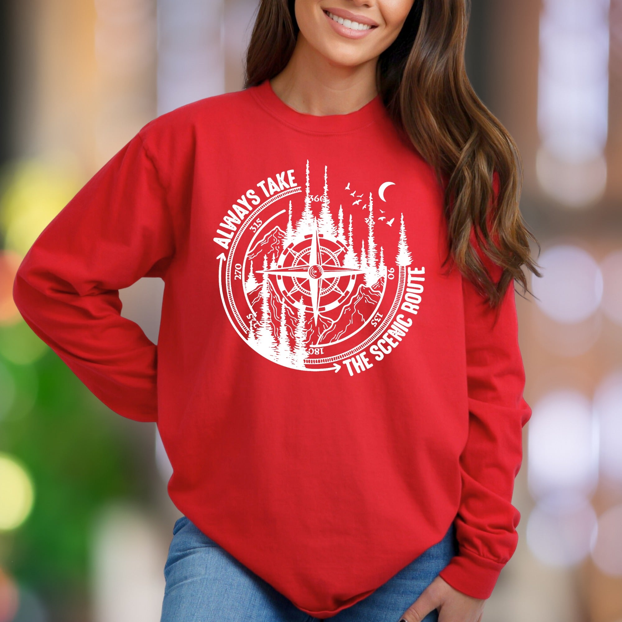 "ALWAYS TAKE THE SCENIC ROUTE" | Nature Compass Unisex Adult Sweatshirt | Adventurous Lifestyle