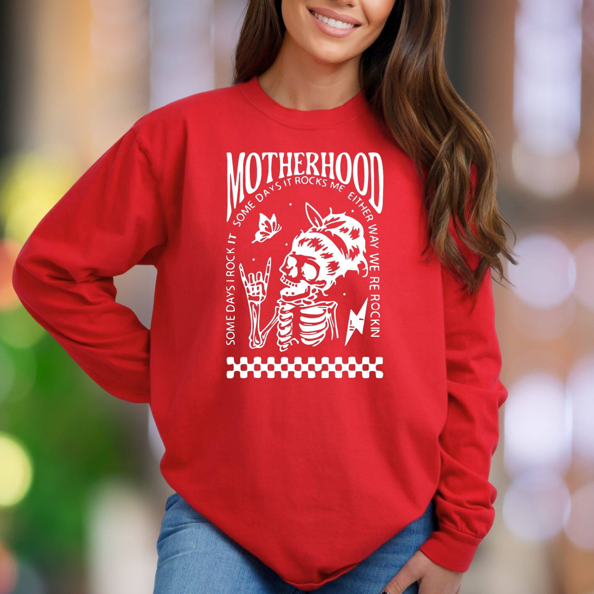 "Motherhood: Some Days I Rock It, Some Days It Rocks Me" | Bold Skeleton Unisex Adult Sweatshirt | Rocker Mom Lifestyle