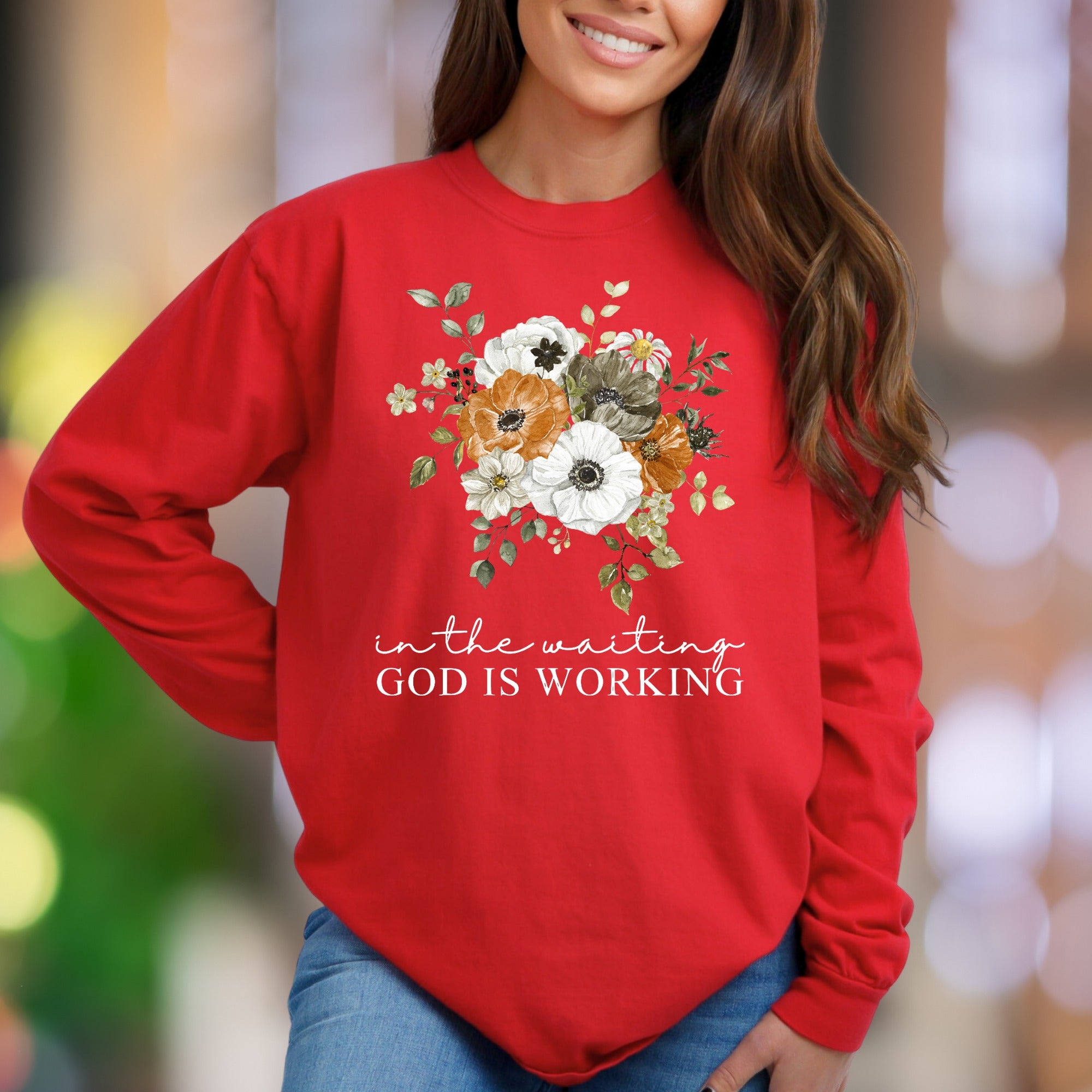 "In The Waiting God Is Working" | Floral Typography Unisex Adult Sweatshirt | Inspirational Lifestyle