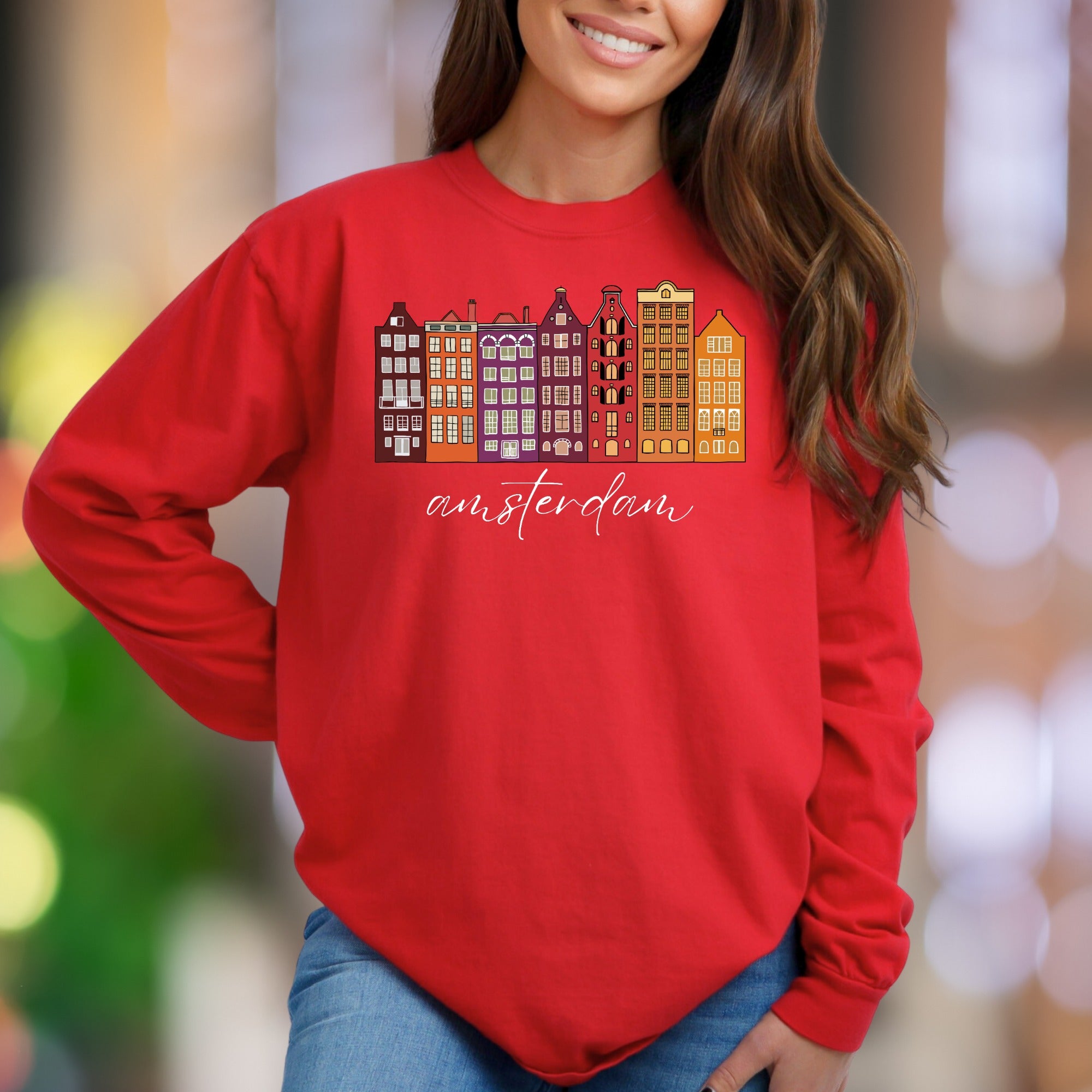 "Amsterdam" | Cityscape Graphic Unisex Adult Sweatshirt | Travel Lifestyle Apparel