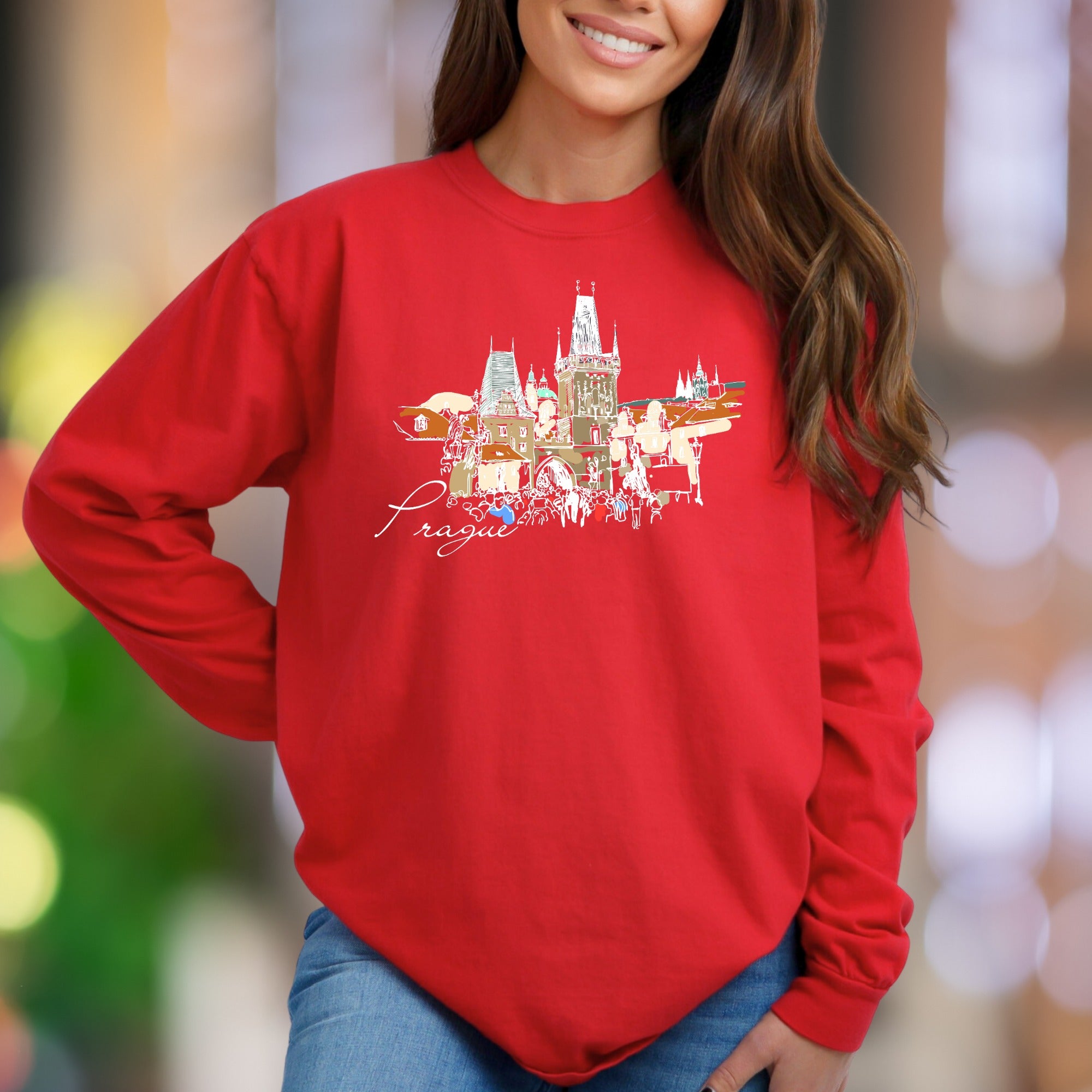 "Prague" | Line Art Cityscape Unisex Adult Sweatshirt | Travel Lifestyle