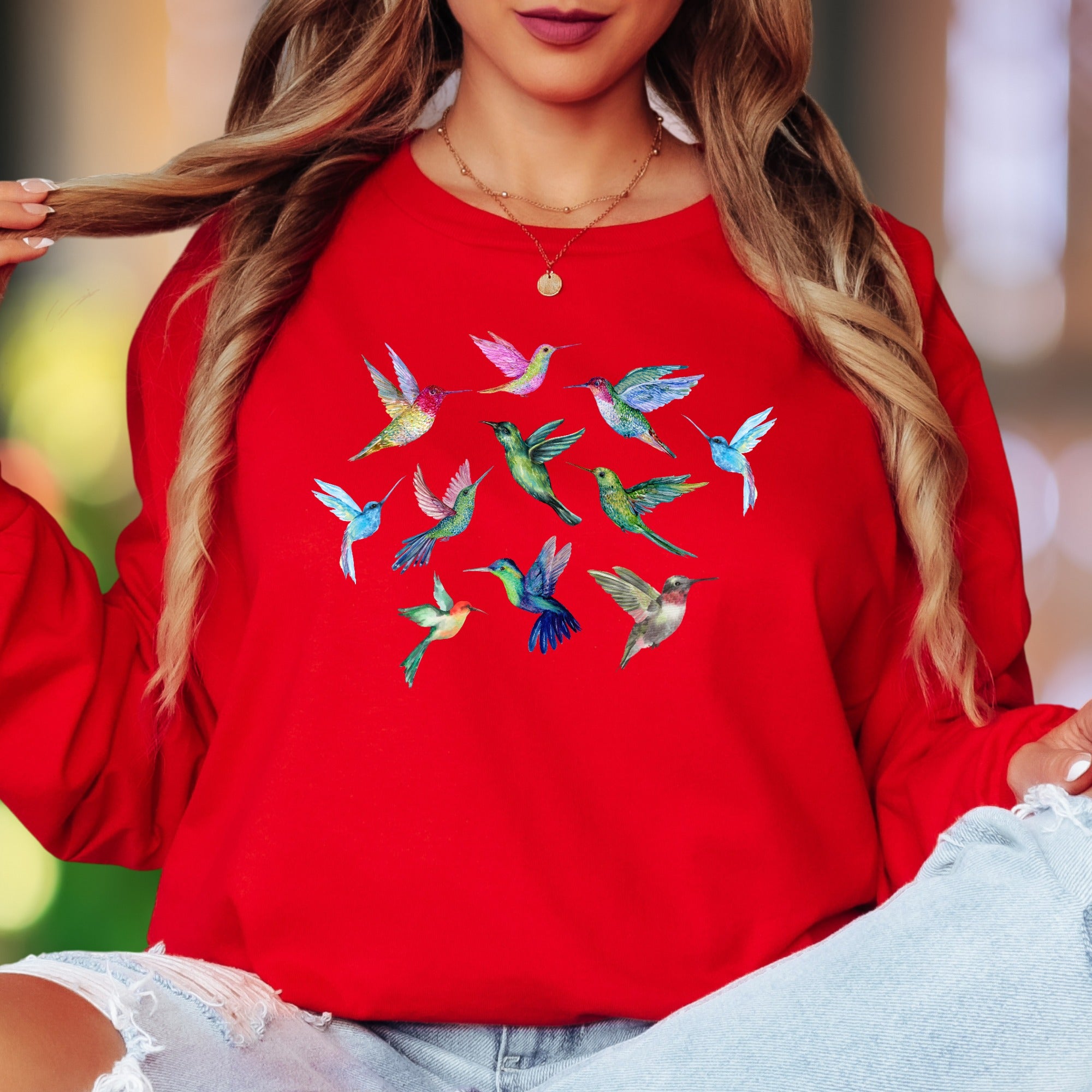 "Colorful Hummingbirds" | Nature Aesthetic Unisex Adult Long Sleeve T-Shirt | Whimsical Lifestyle