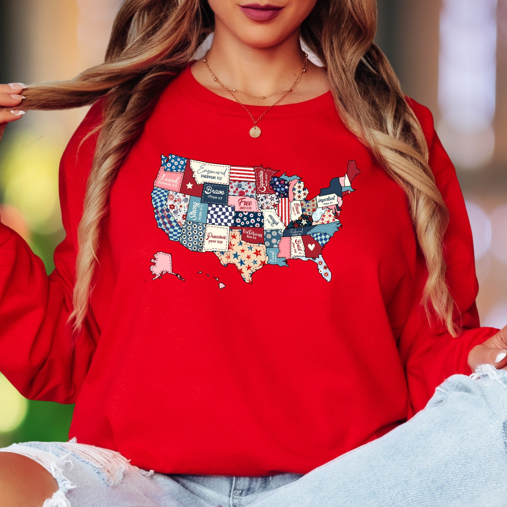 “Empowered Capable Brave Free Loved Strong Precious Victorious Redeemed Important Bold” | Vintage Patchwork Unisex Adult Long Sleeve T-Shirt | Faith-Inspired Lifestyle