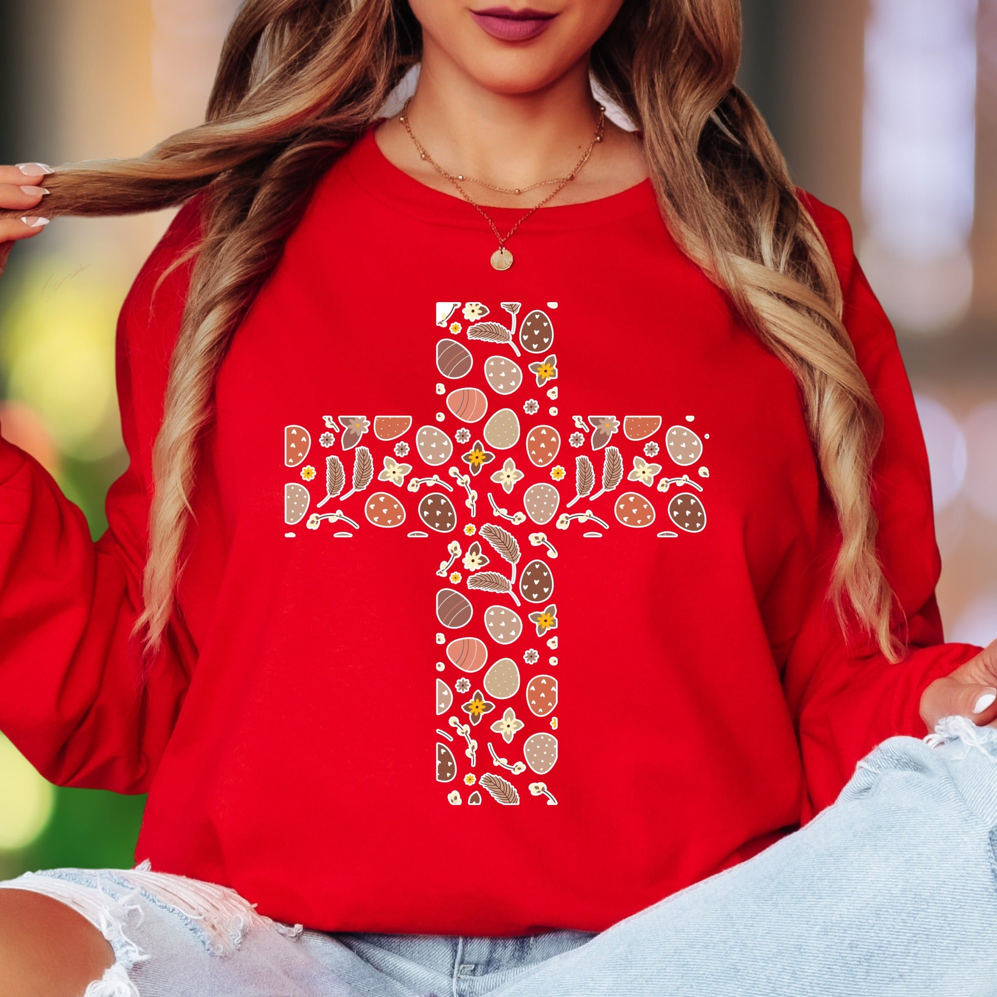 Easter Floral Egg Cross Long Sleeve Tee - Christian Spring Faith Adult Unisex T-Shirt