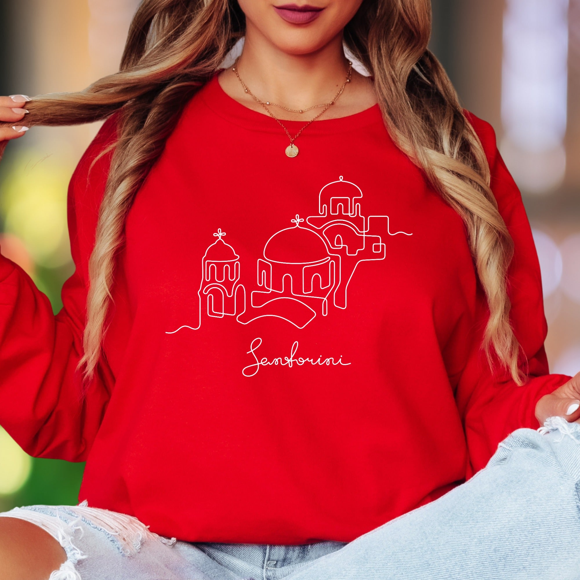 "Santorini" | Minimal Line Art Unisex Adult Long Sleeve T-Shirt | Travel & Lifestyle