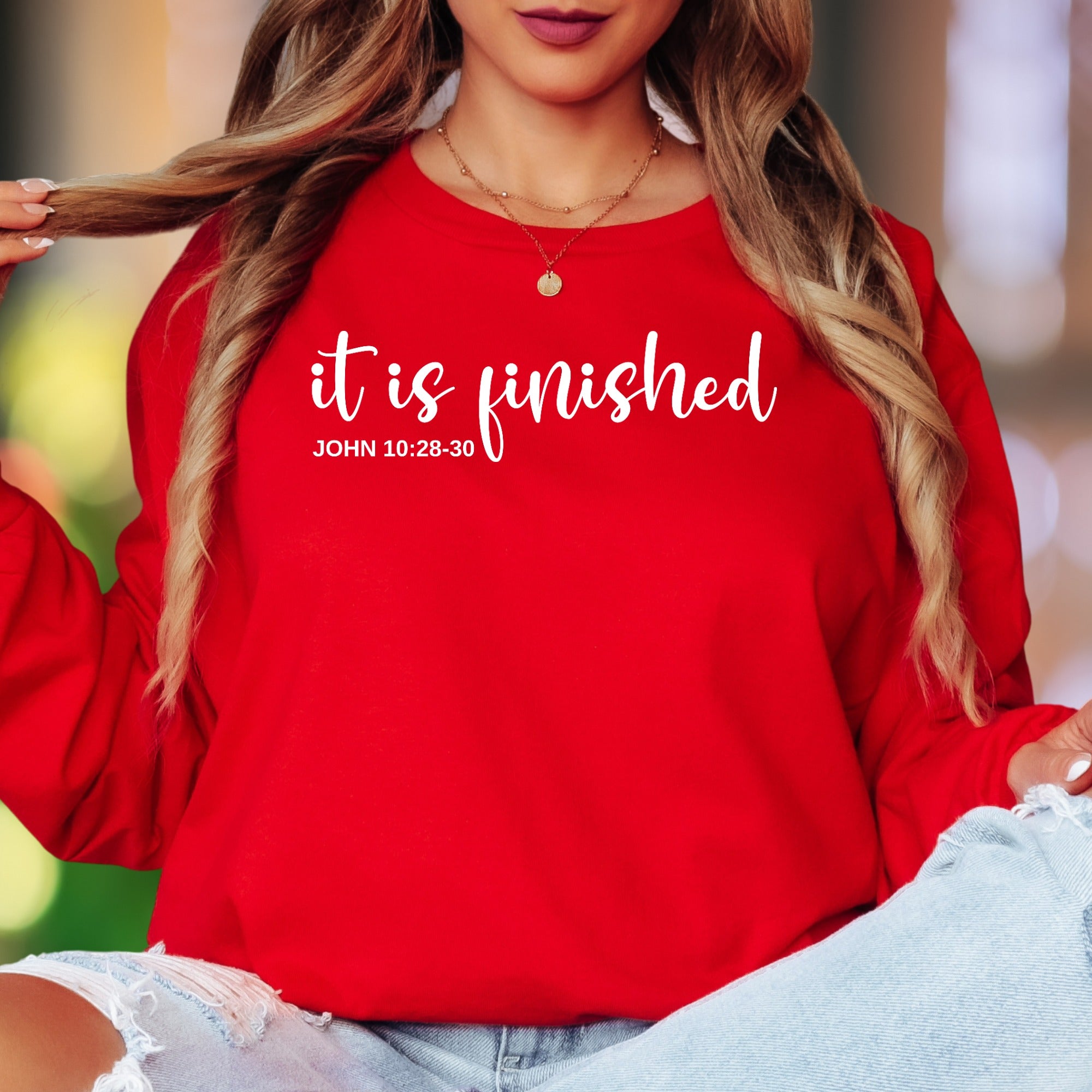"It Is Finished JOHN 10:28-30" | Minimal Typography Unisex Adult Long Sleeve T-Shirt | Faith-Inspired Lifestyle