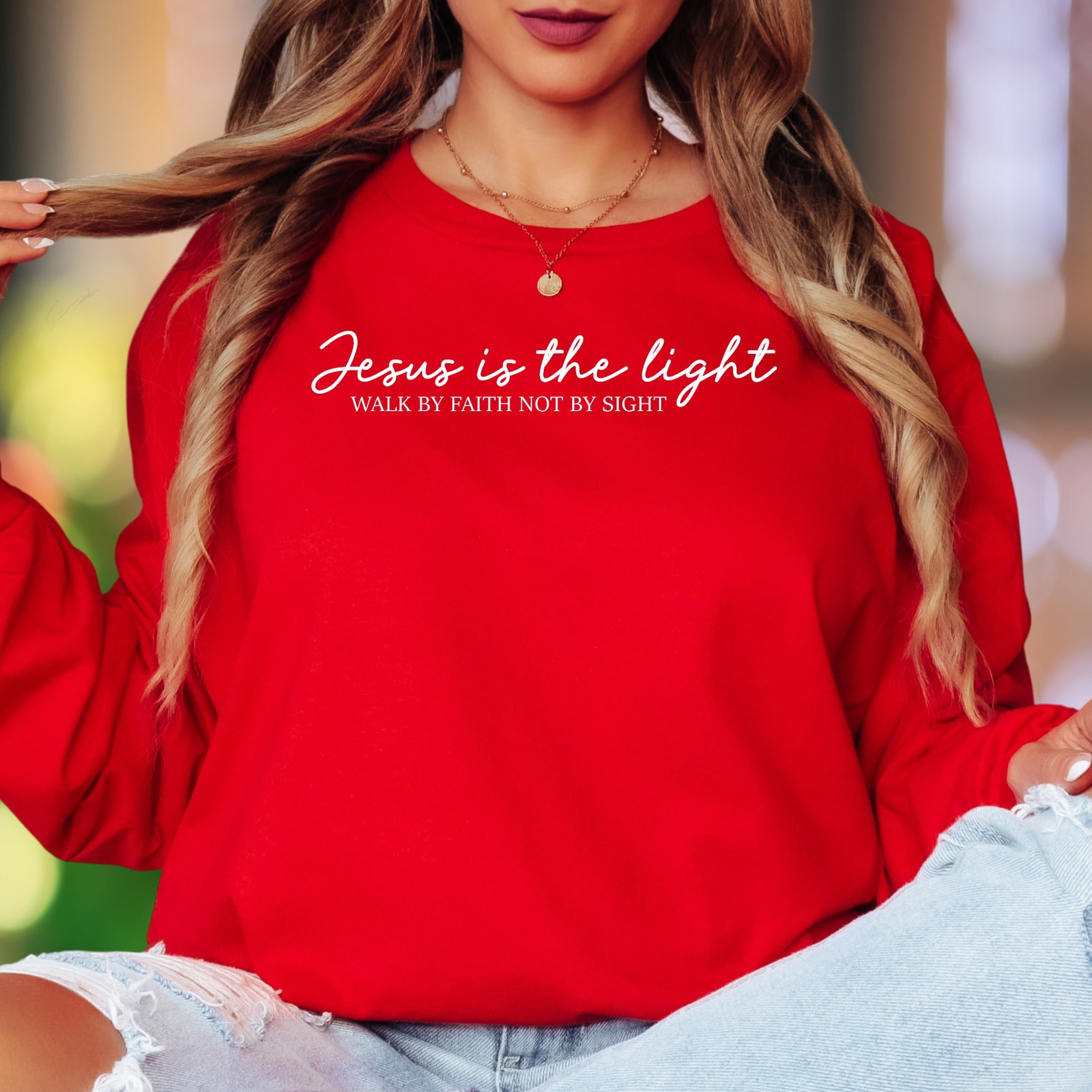 "Jesus Is The Light, Walk By Faith Not By Sight" | Script Typography Unisex Adult Long Sleeve T-Shirt | Spiritual Lifestyle