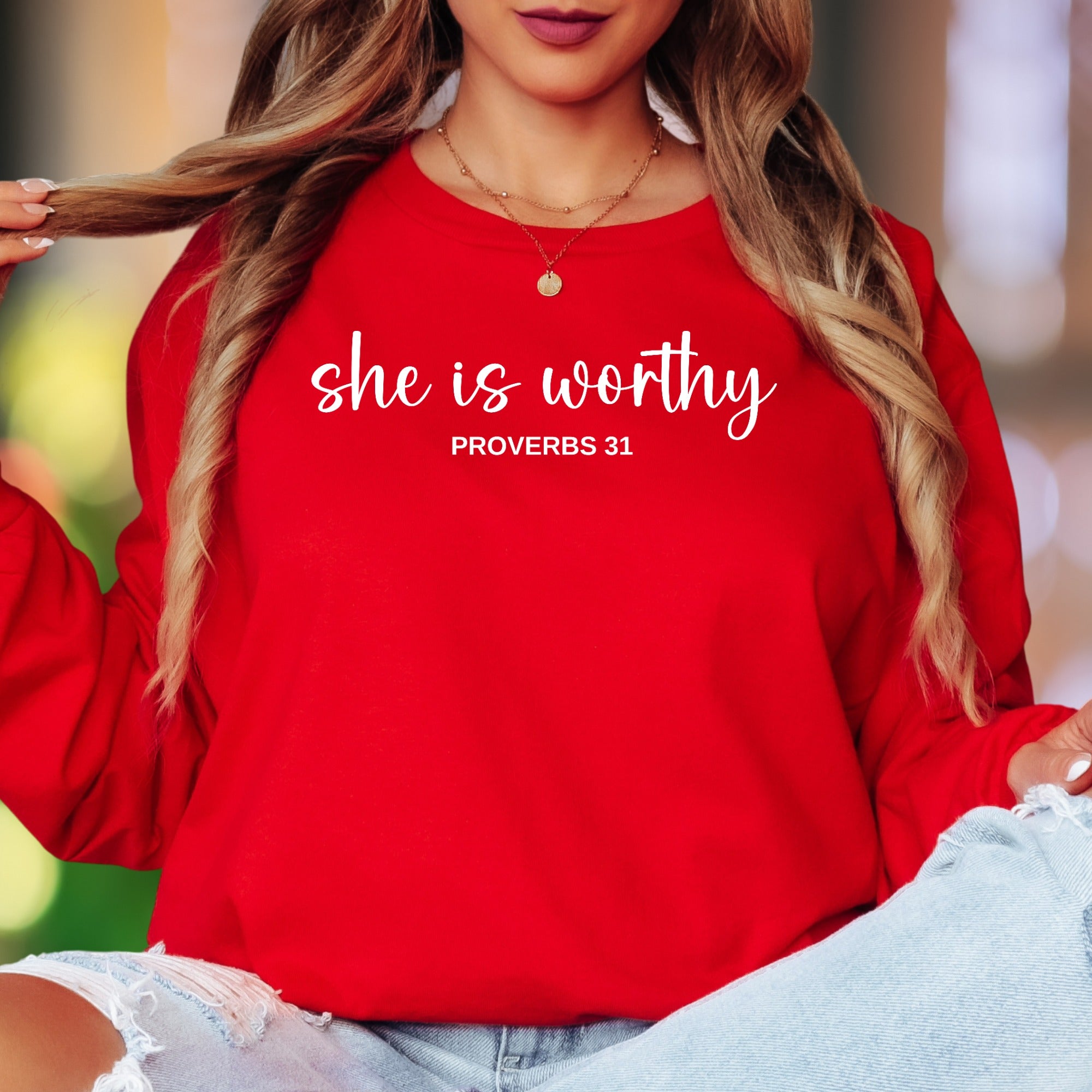 "she is worthy PROVERBS 31" | Script Typography Unisex Adult Long Sleeve T-Shirt | Empowering Lifestyle