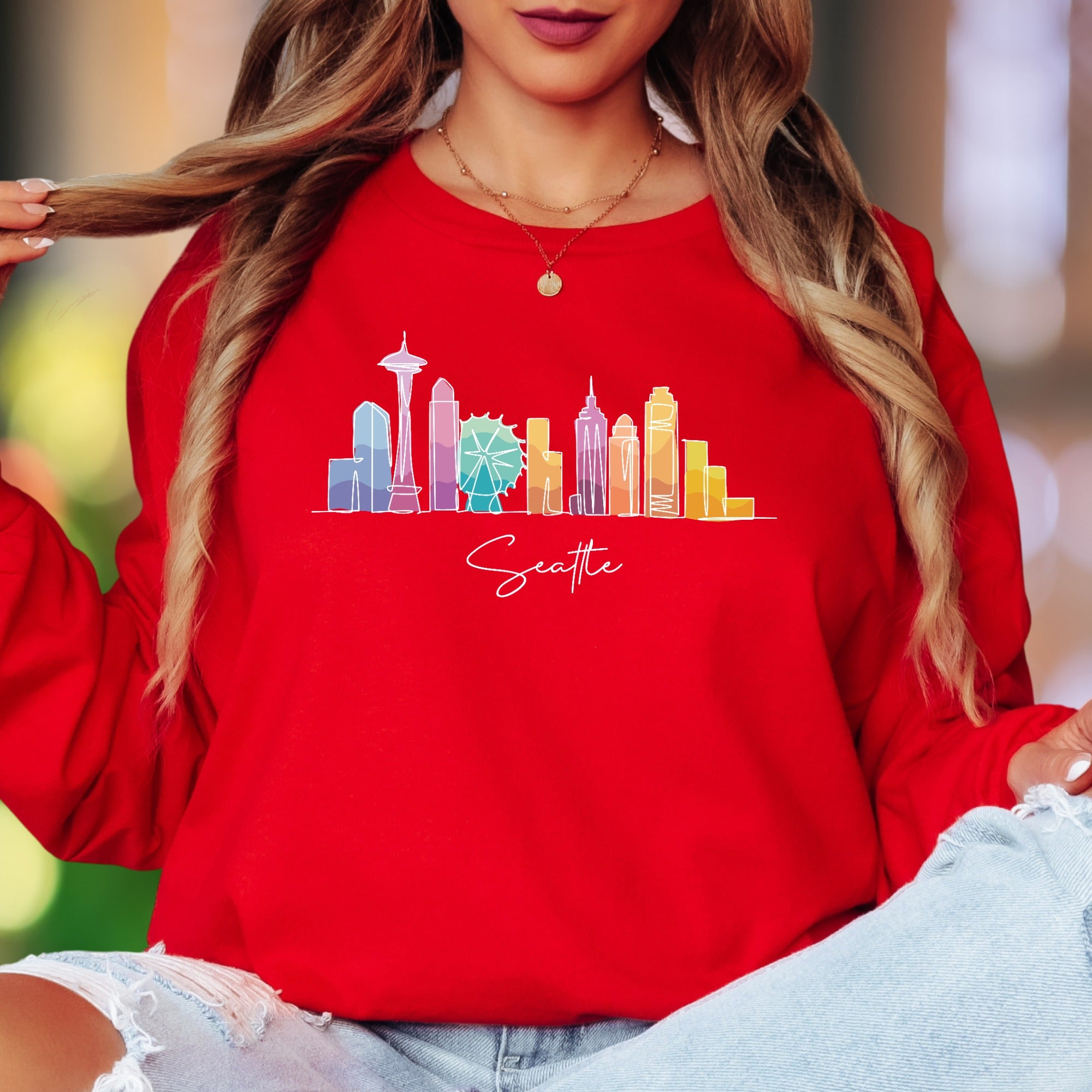 "Seattle" | Minimal Skyline Unisex Adult Long Sleeve T-Shirt | Colorful Cityscape