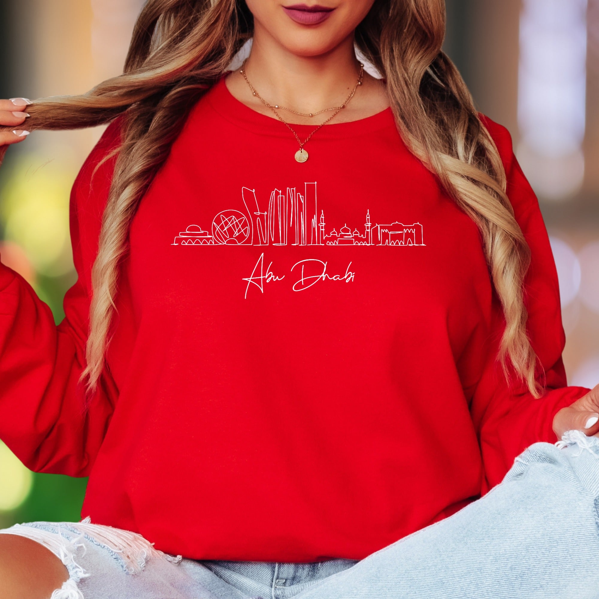 "Abu Dhabi" | Minimal Skyline Unisex Adult Long Sleeve T-Shirt | Travel & Cityscape