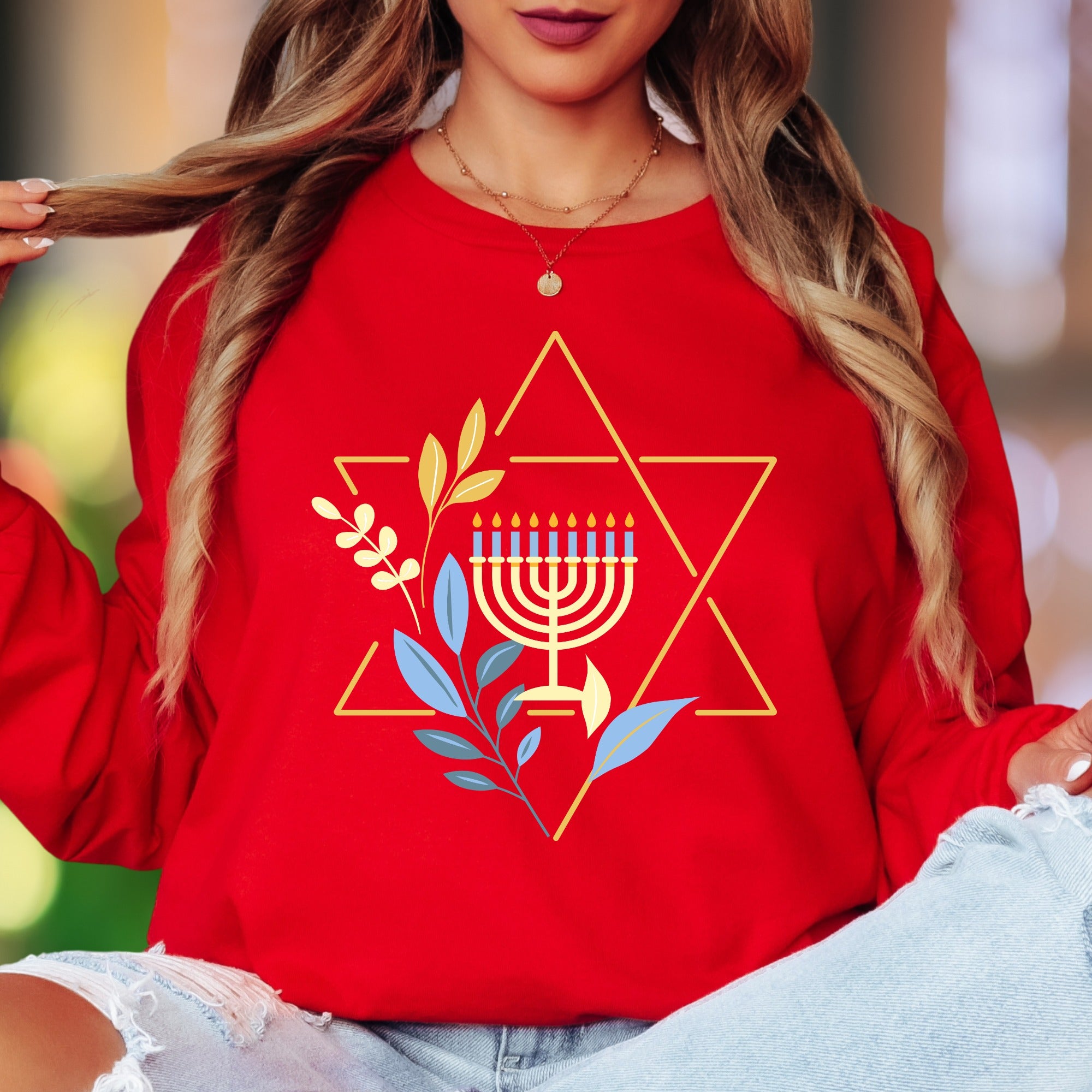 "Menorah & Star of David" | Floral Hanukkah Unisex Adult Long Sleeve T-Shirt | Festive Heritage