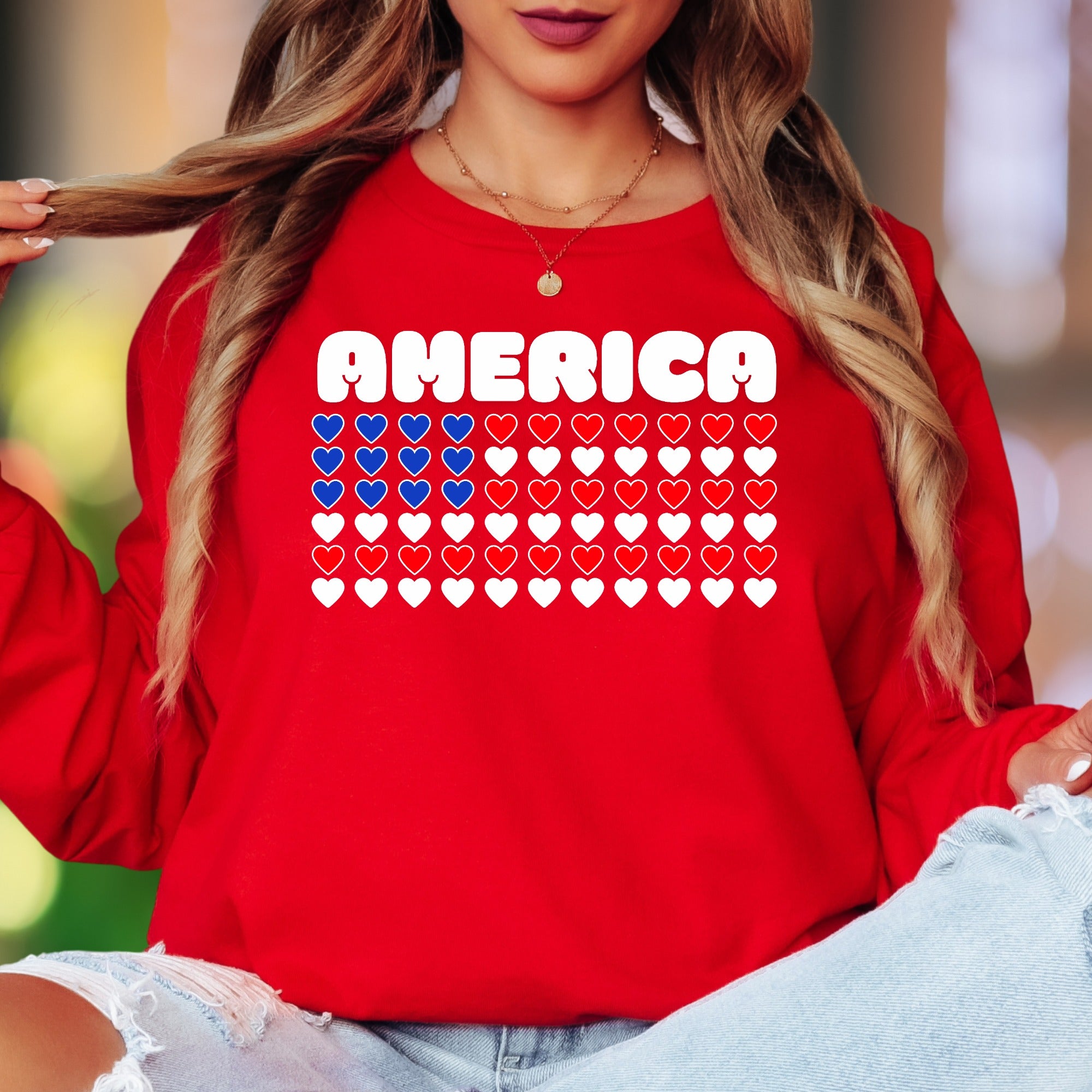 "AMERICA" | Patriotic Heart Grid Unisex Adult Long Sleeve T-Shirt | Heritage Pride