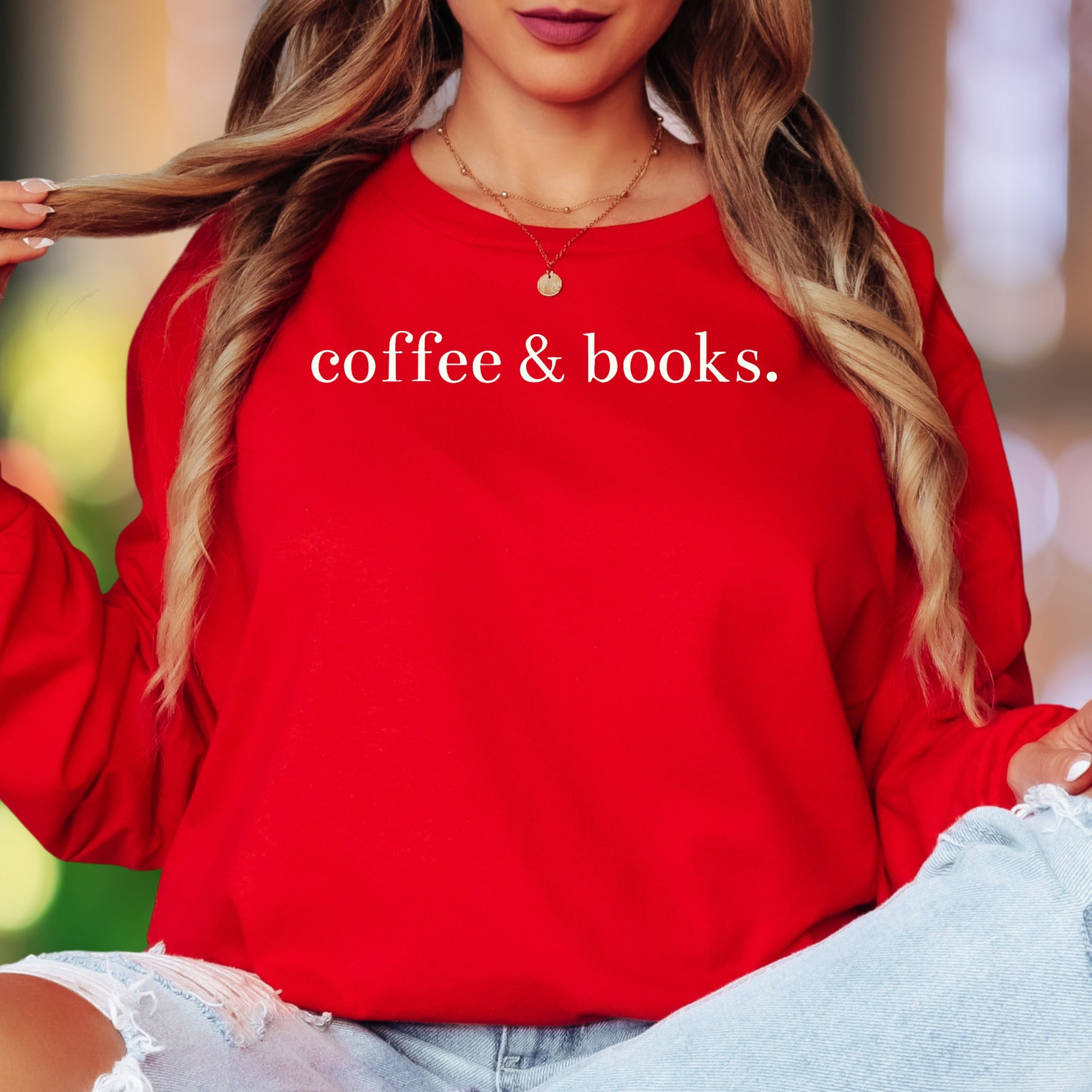 "coffee & books." | Minimal Typography Unisex Adult Long Sleeve T-Shirt | Relaxed Lifestyle