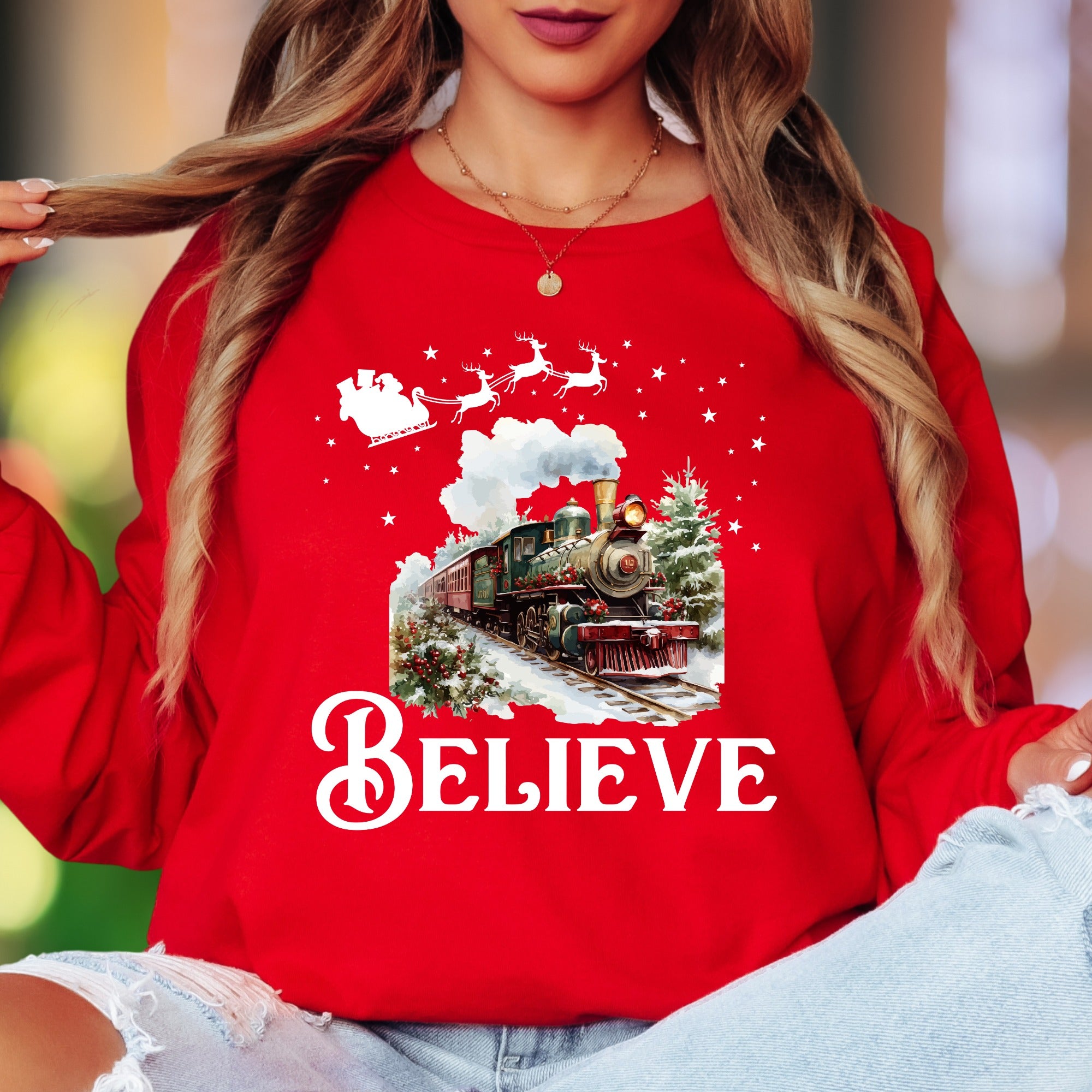 "Believe" | Christmas Train Illustration Unisex Adult Long Sleeve T-Shirt | Festive Holiday Wear