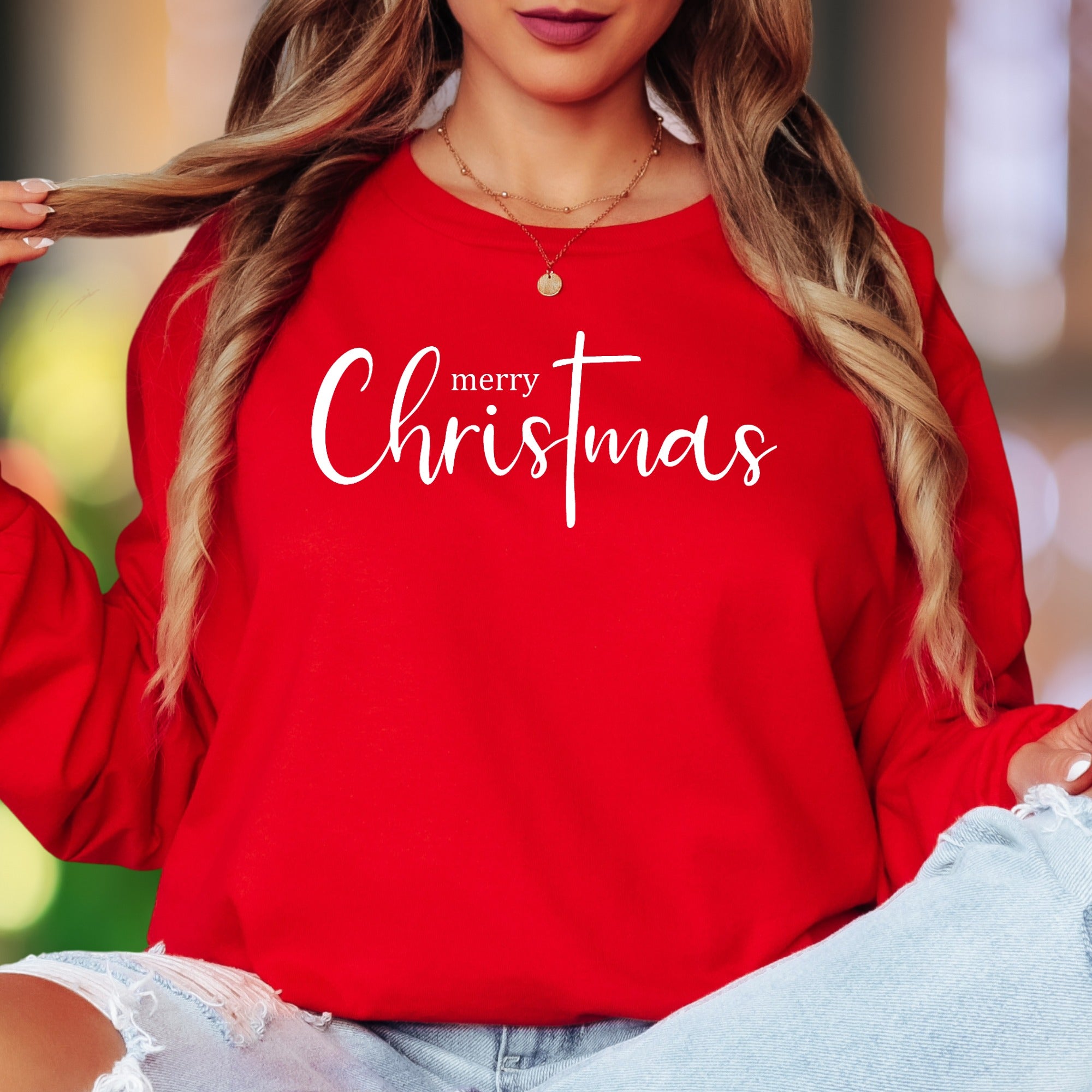 "Merry Christmas" | Script Typography Unisex Adult Long Sleeve T-Shirt | Holiday Lifestyle
