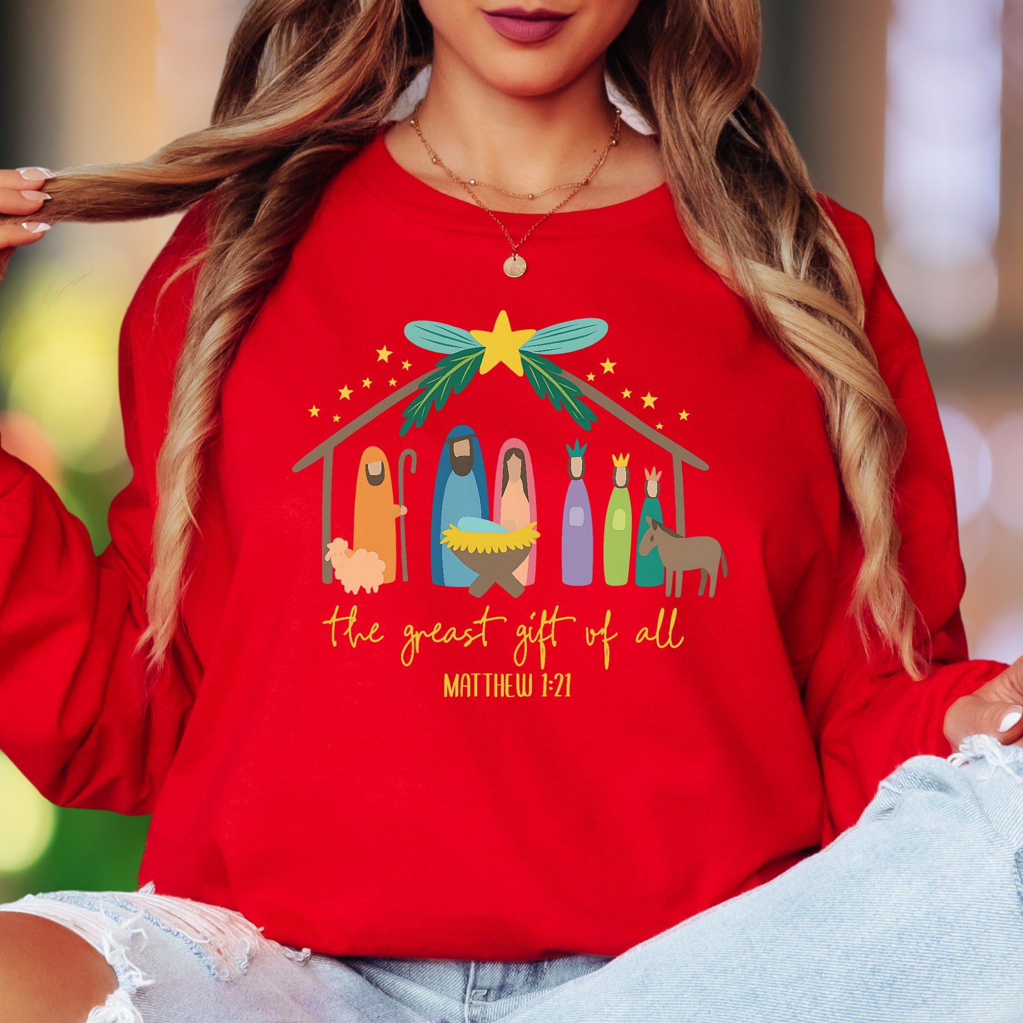"The Greatest Gift Of All Matthew 1:21" | Nativity Scene Unisex Adult Long Sleeve T-Shirt | Festive Lifestyle
