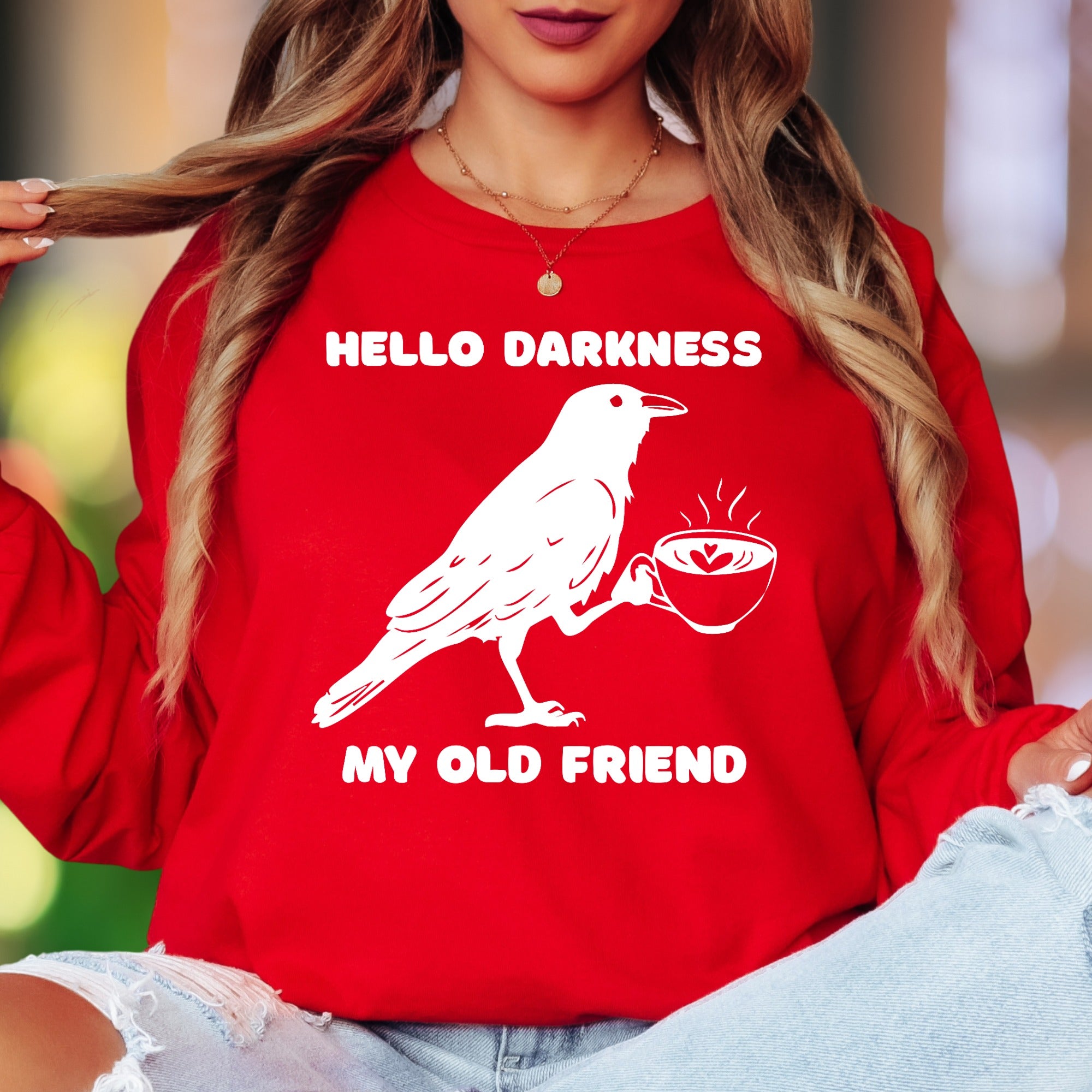"Hello Darkness My Old Friend" | Funny Raven Unisex Adult Long Sleeve T-Shirt | Coffee Lover Humor