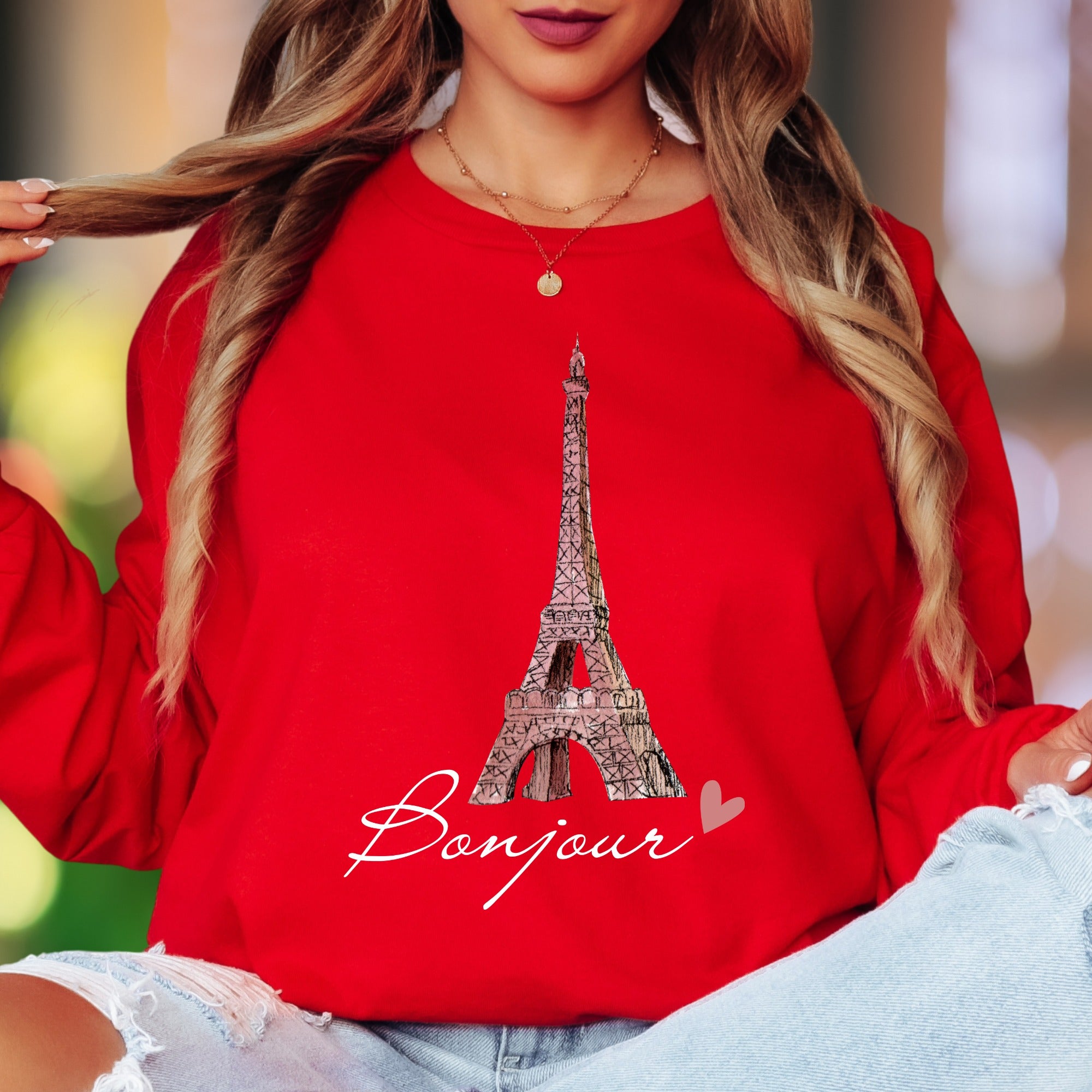 "Bonjour Eiffel Tower" | Parisian Sketch Unisex Adult Long Sleeve T-Shirt | Romantic Travel Lifestyle
