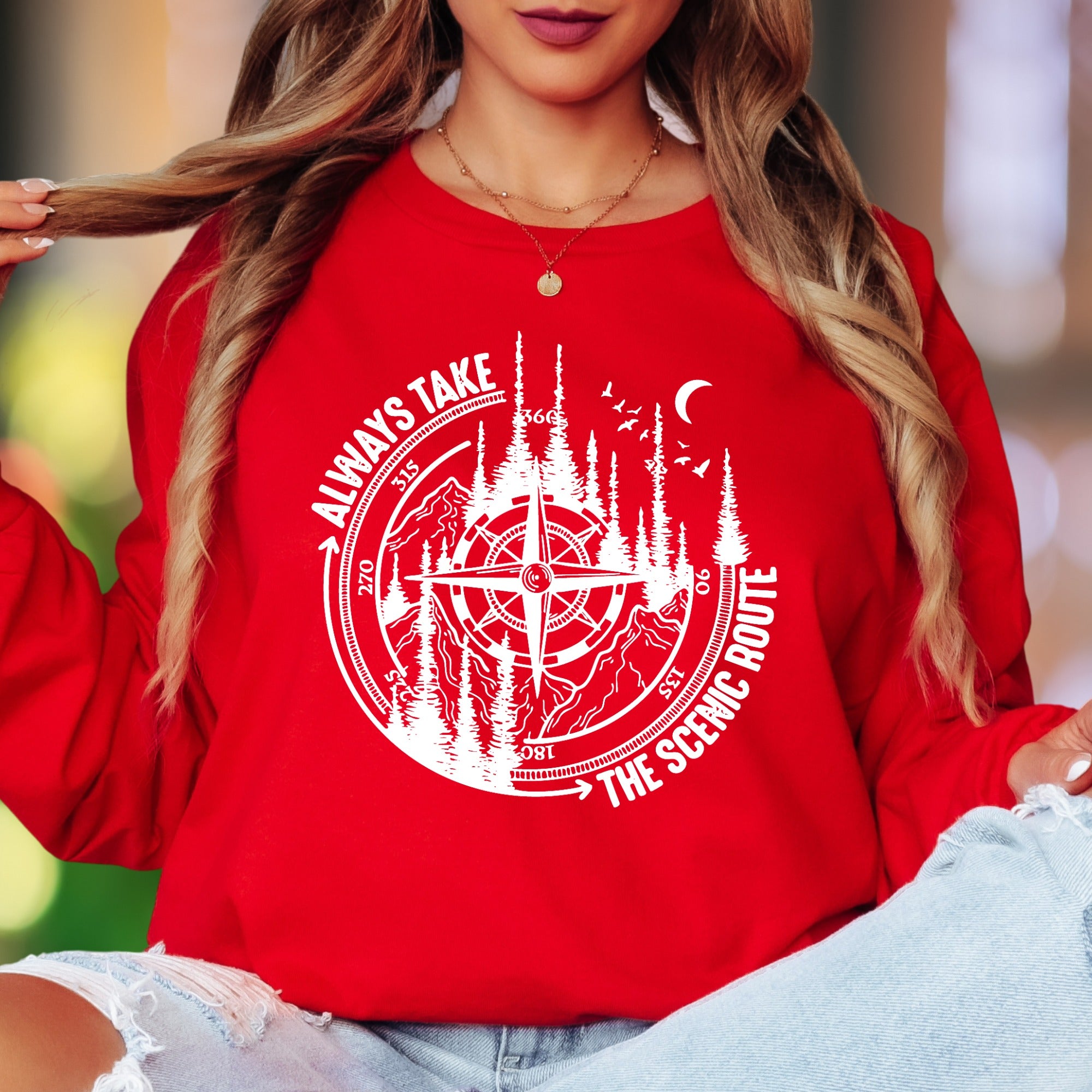 "Always Take The Scenic Route" | Nature Compass Unisex Adult Long Sleeve T-Shirt | Outdoor Lifestyle