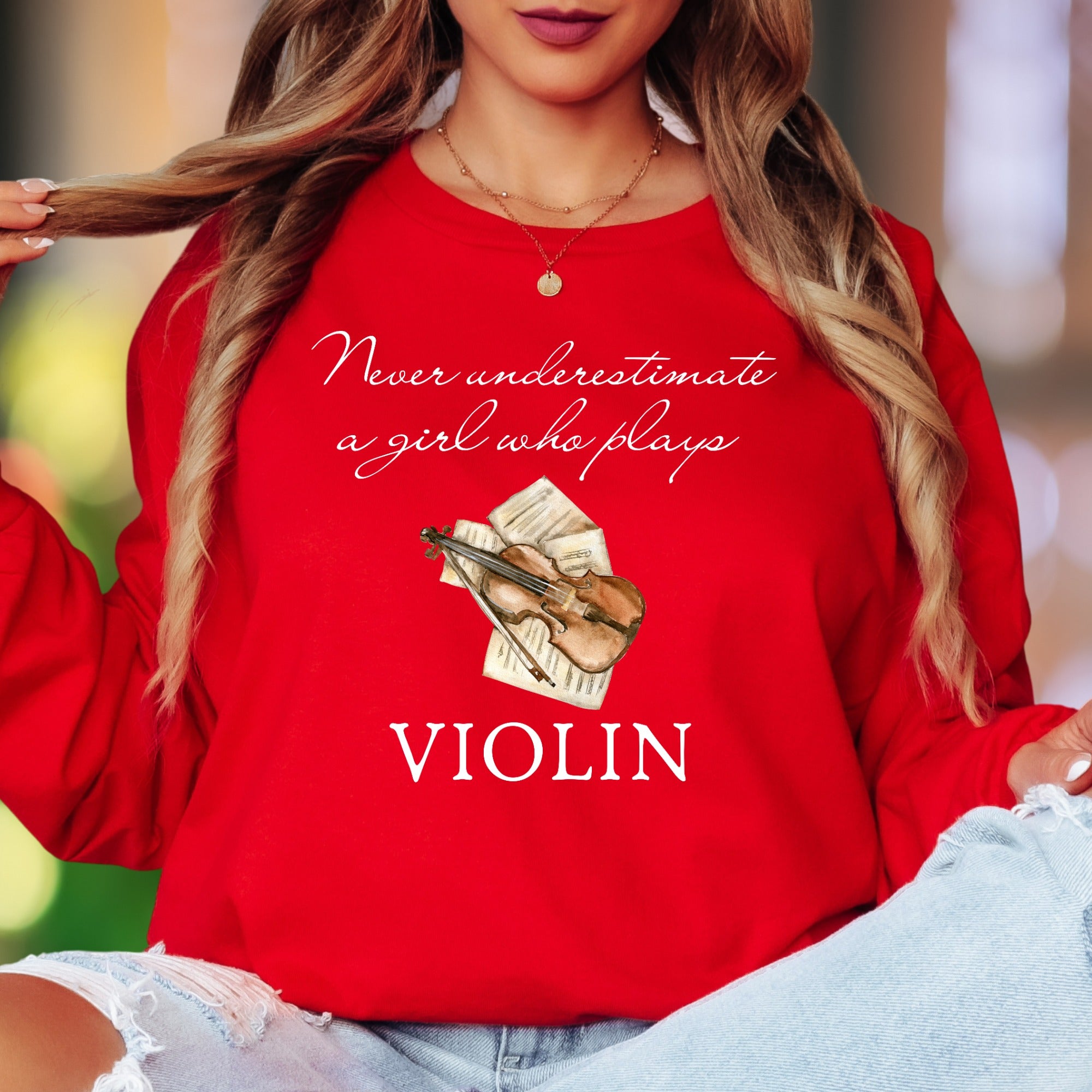 "Never Underestimate A Girl Who Plays Violin" | Artistic Expression Unisex Adult Long Sleeve T-Shirt | Musician Lifestyle