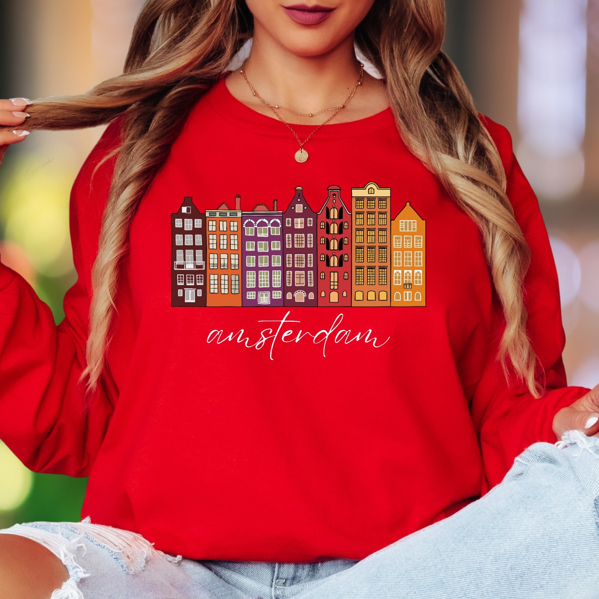 "amsterdam" | Cityscape Retro Unisex Adult Long Sleeve T-Shirt | Travel & Culture Lifestyle