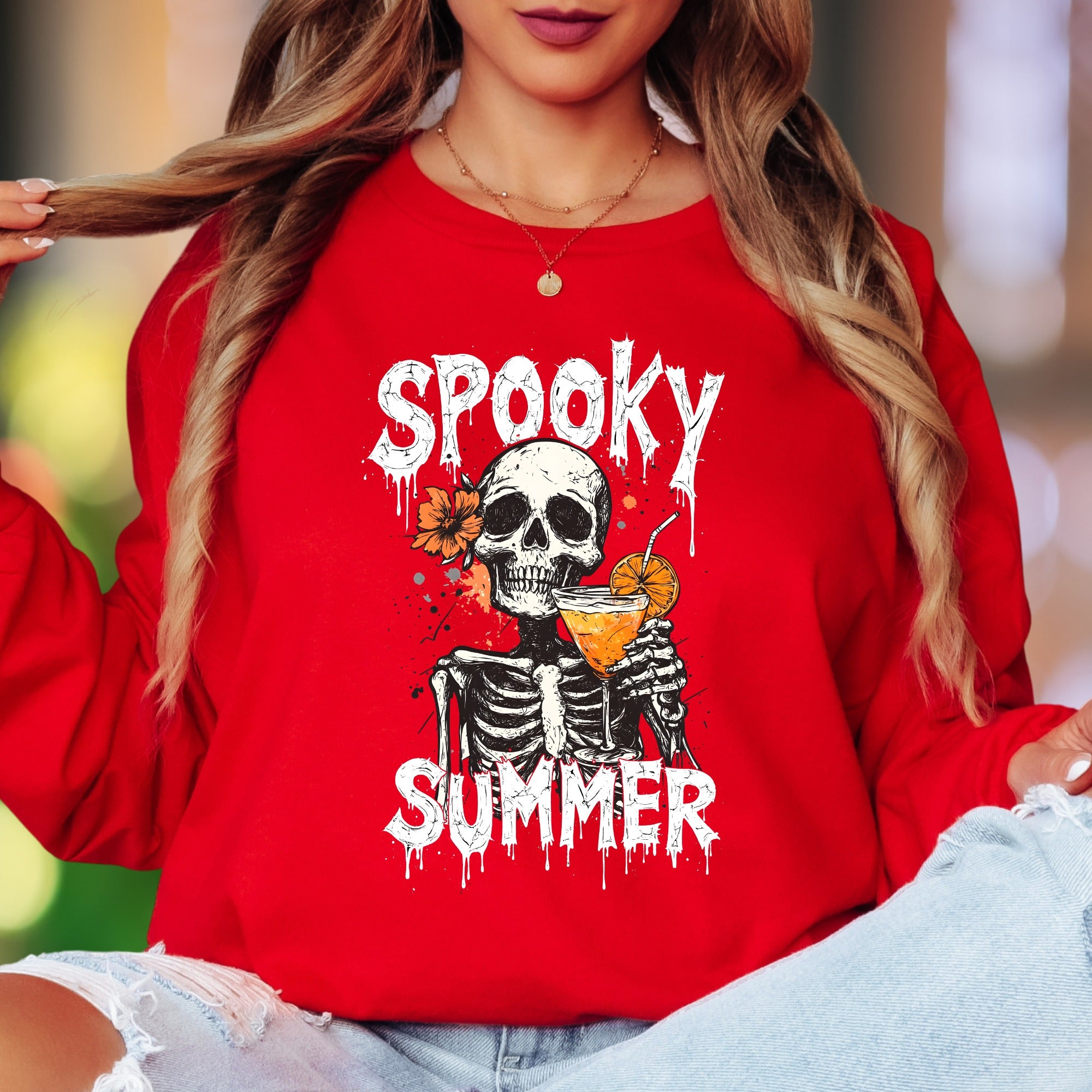 "Spooky Summer" | Distressed Skull Unisex Adult Long Sleeve T-Shirt | Humorous Lifestyle