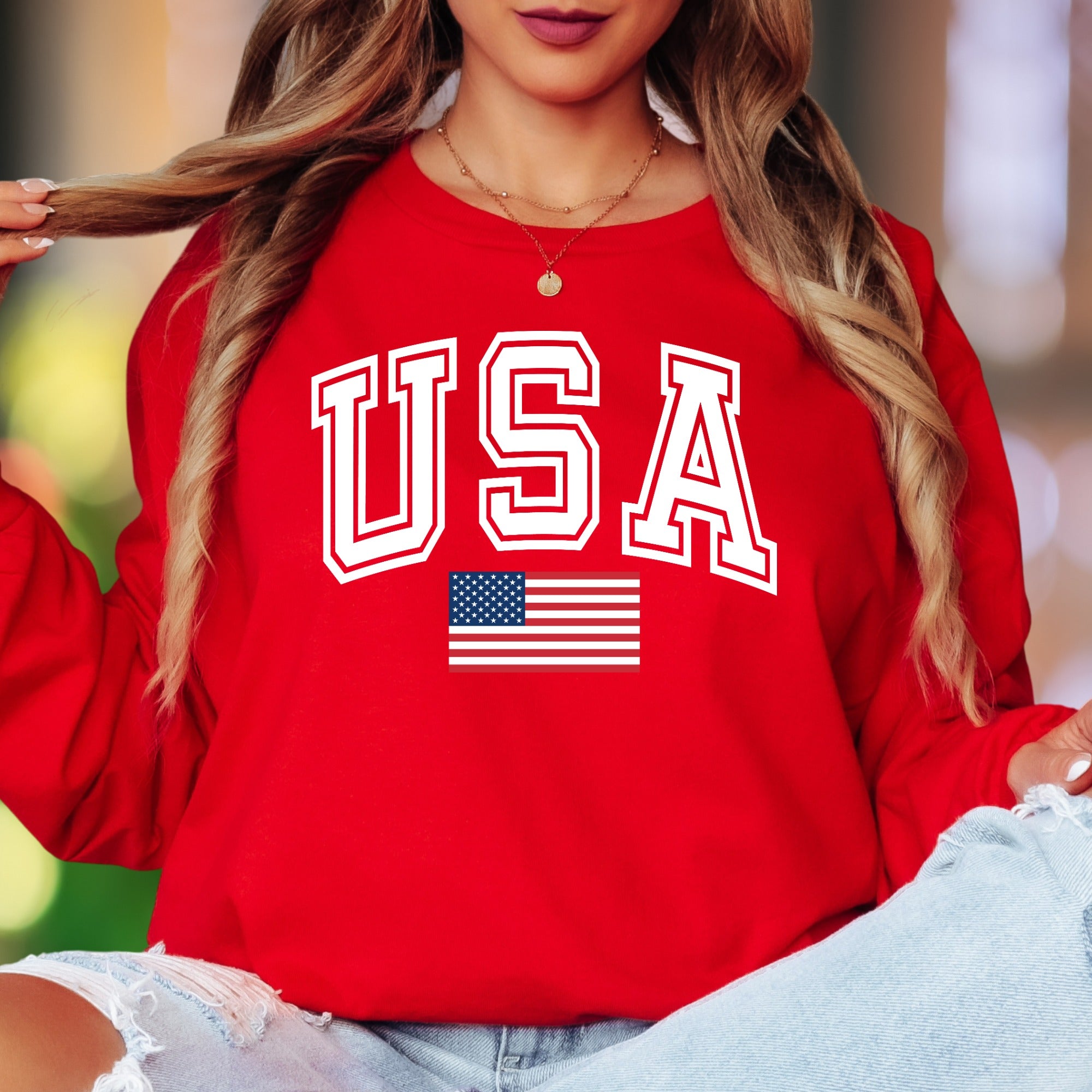 "USA" | Patriotic Bold Typography Unisex Adult Long Sleeve T-Shirt | American Pride Apparel