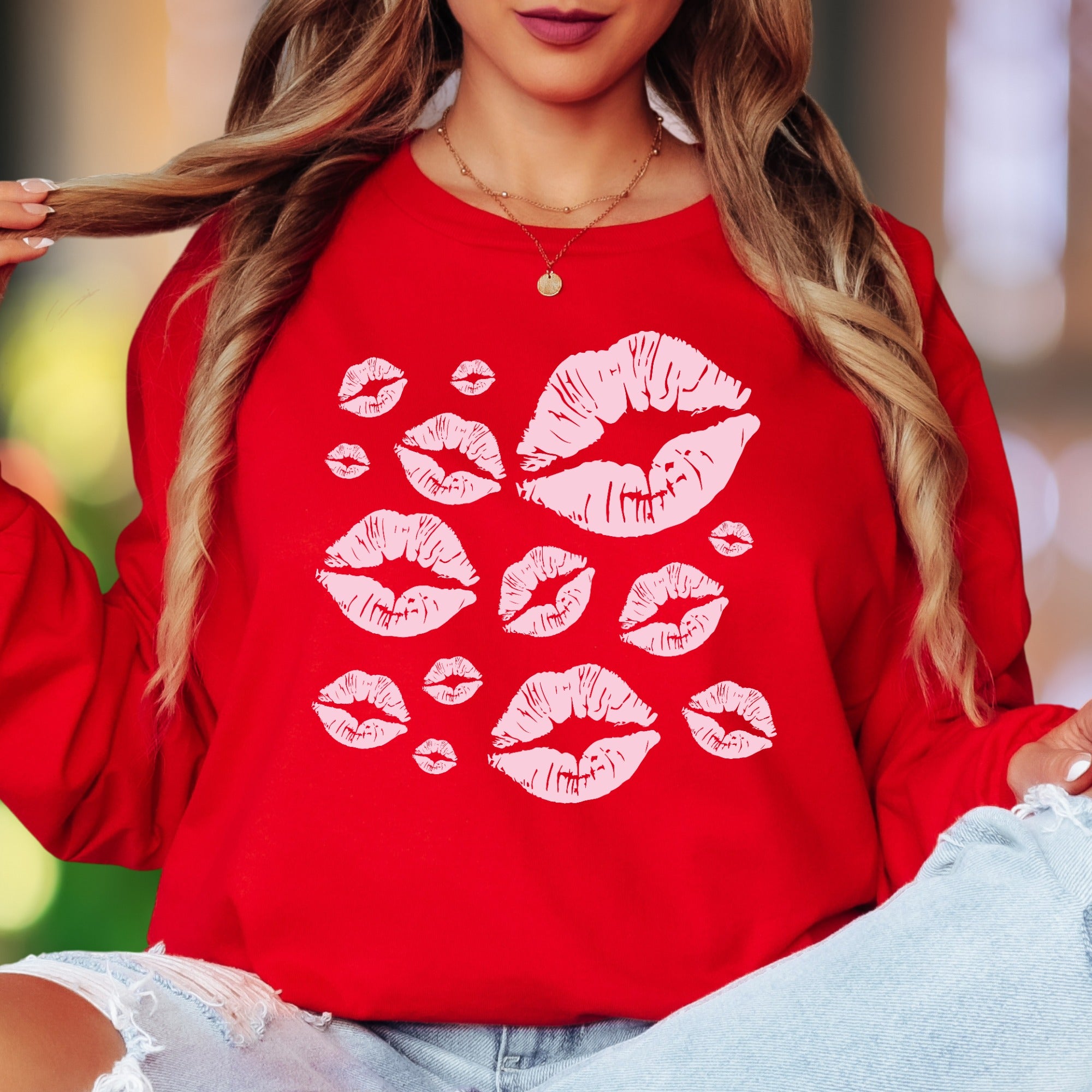 "Pink Kisses" | Playful Pattern Unisex Adult Long Sleeve T-Shirt | Flirty Lifestyle