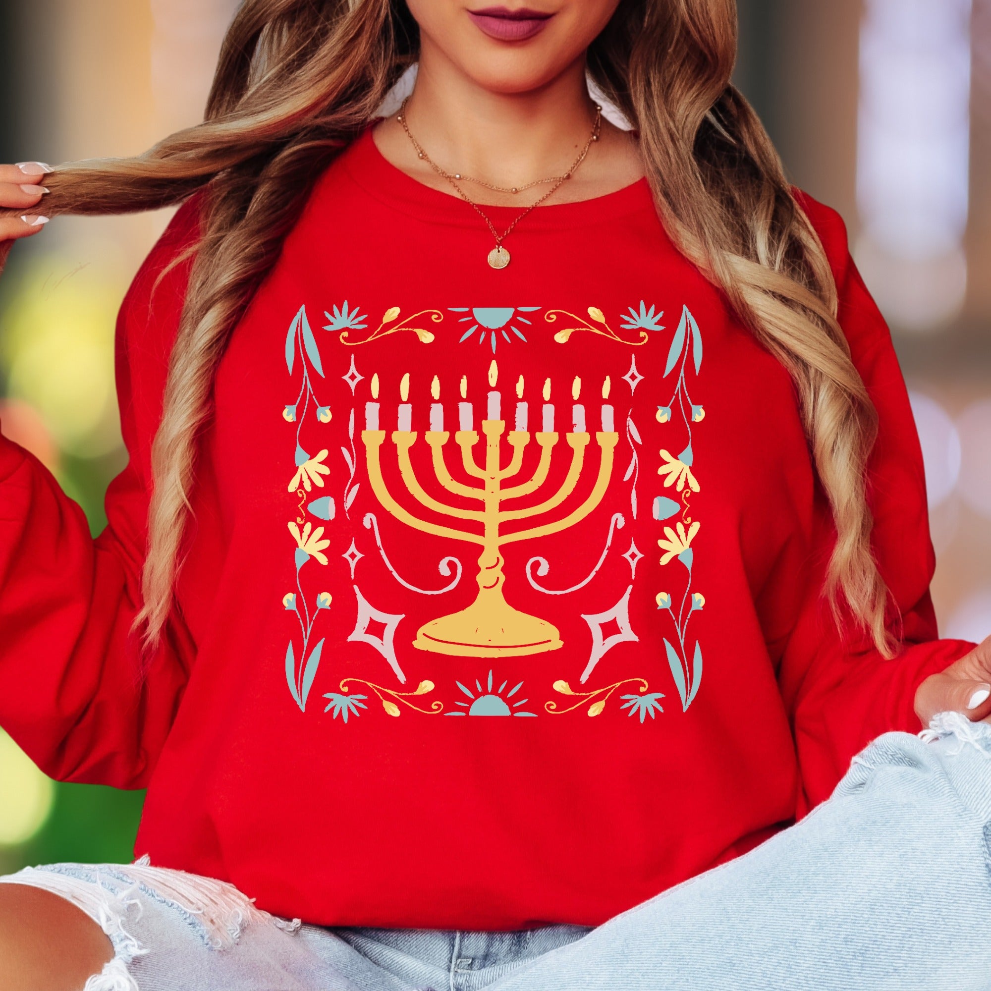 Minimalist Menorah | Floral Folk Art Unisex Adult Long Sleeve T-Shirt | Festive Lifestyle