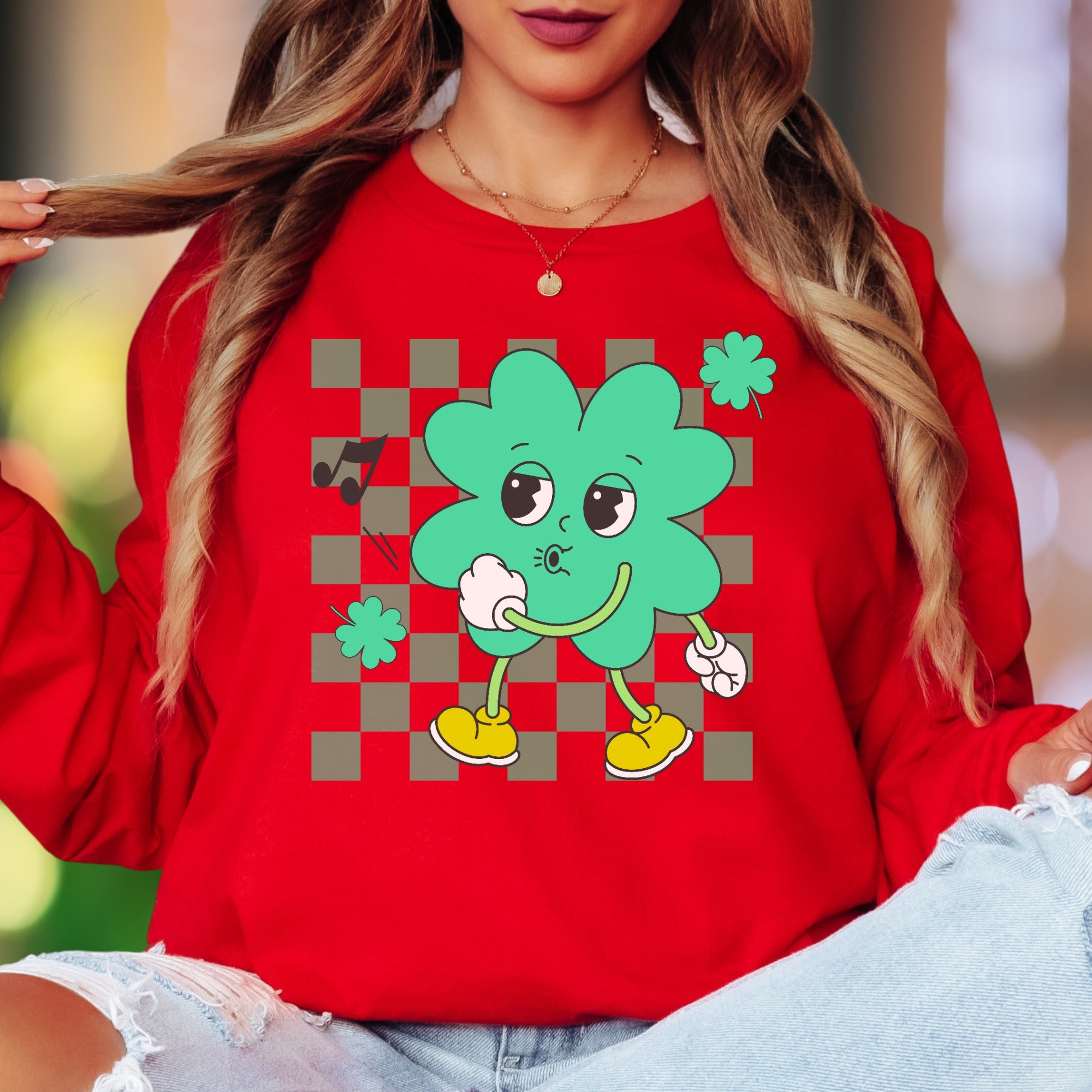 "Groovy Shamrock" | Retro Checkerboard Unisex Adult Long Sleeve T-Shirt | Playful St. Patrick's Day Style