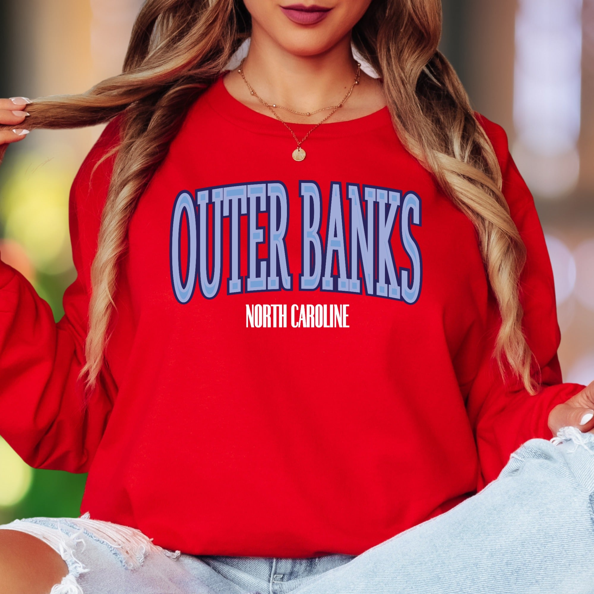 "Outer Banks North Carolina" | Retro Typography Unisex Adult Long Sleeve T-Shirt | Coastal Lifestyle