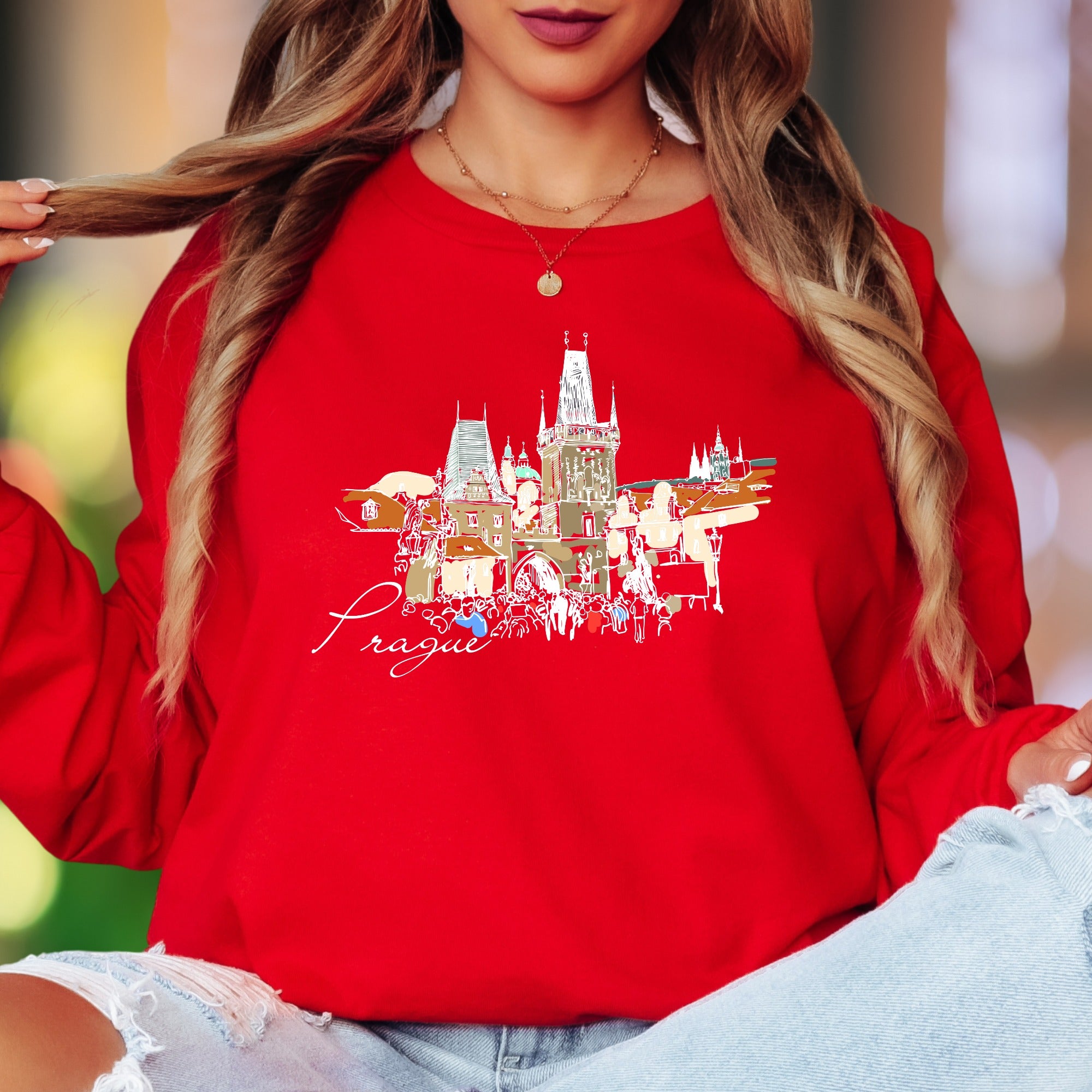 "Prague" | Sketch Art Cityscape Unisex Adult Long Sleeve T-Shirt | Travel & Culture Lifestyle