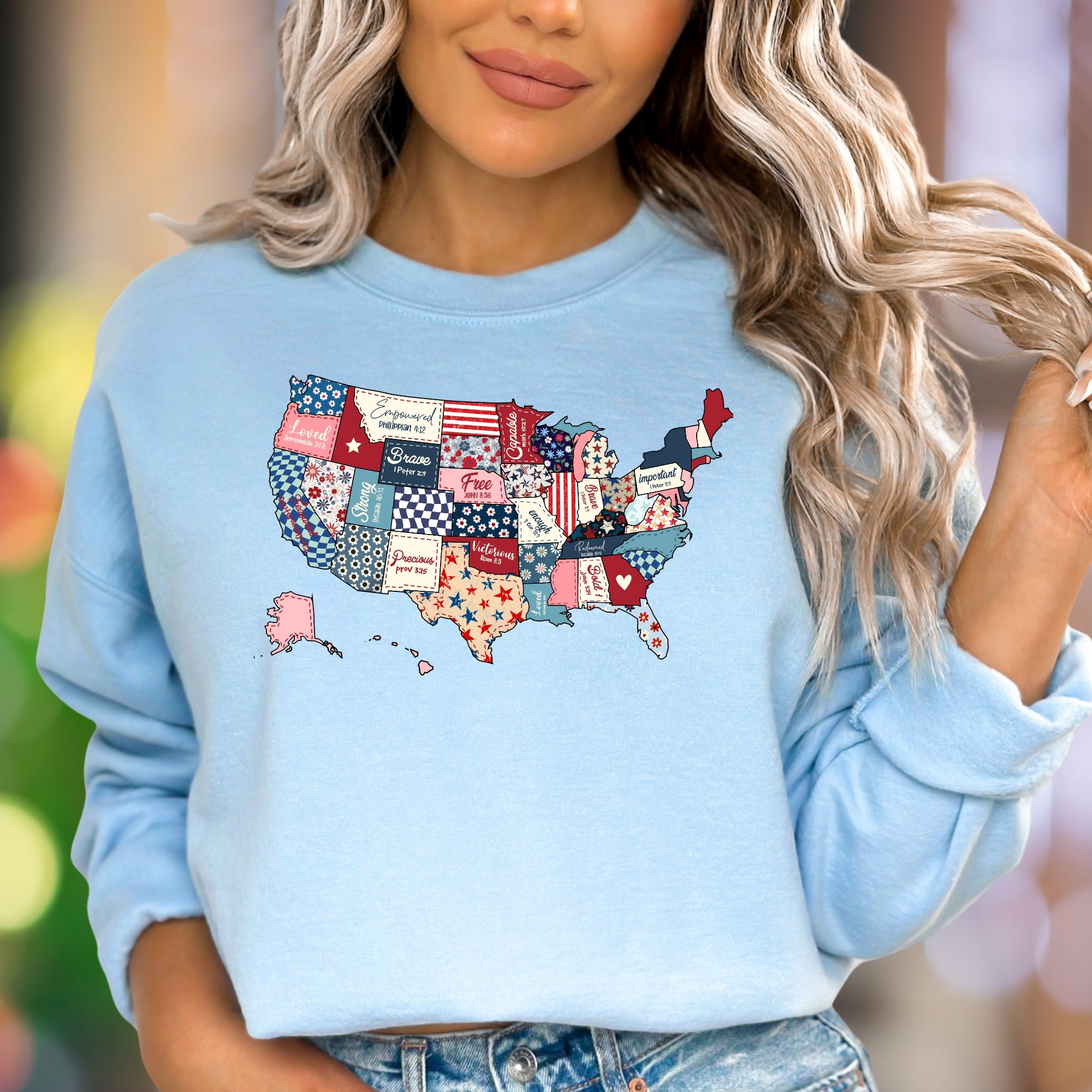 "Loved, Empowered, Brave, Free, Strong, Precious, Victorious" | Patchwork Map Unisex Adult Sweatshirt | Spiritual Confidence