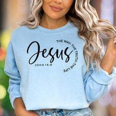 "Jesus The Way, The Truth, The Life John 14:6" | Scripture Typography Unisex Adult Sweatshirt | Faith-Inspired Apparel