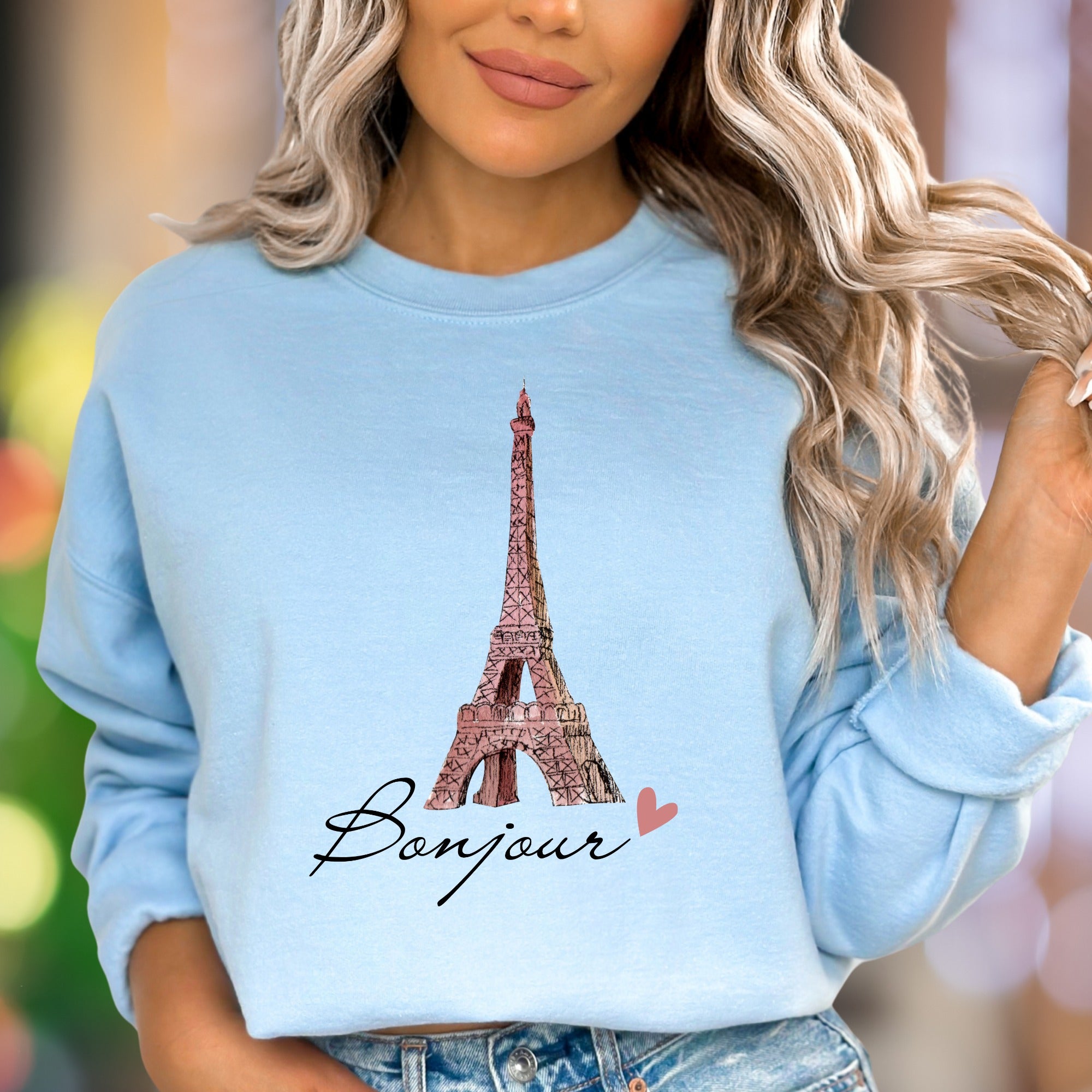 "Bonjour" | Parisian Eiffel Tower Unisex Adult Sweatshirt | Travel & Lifestyle