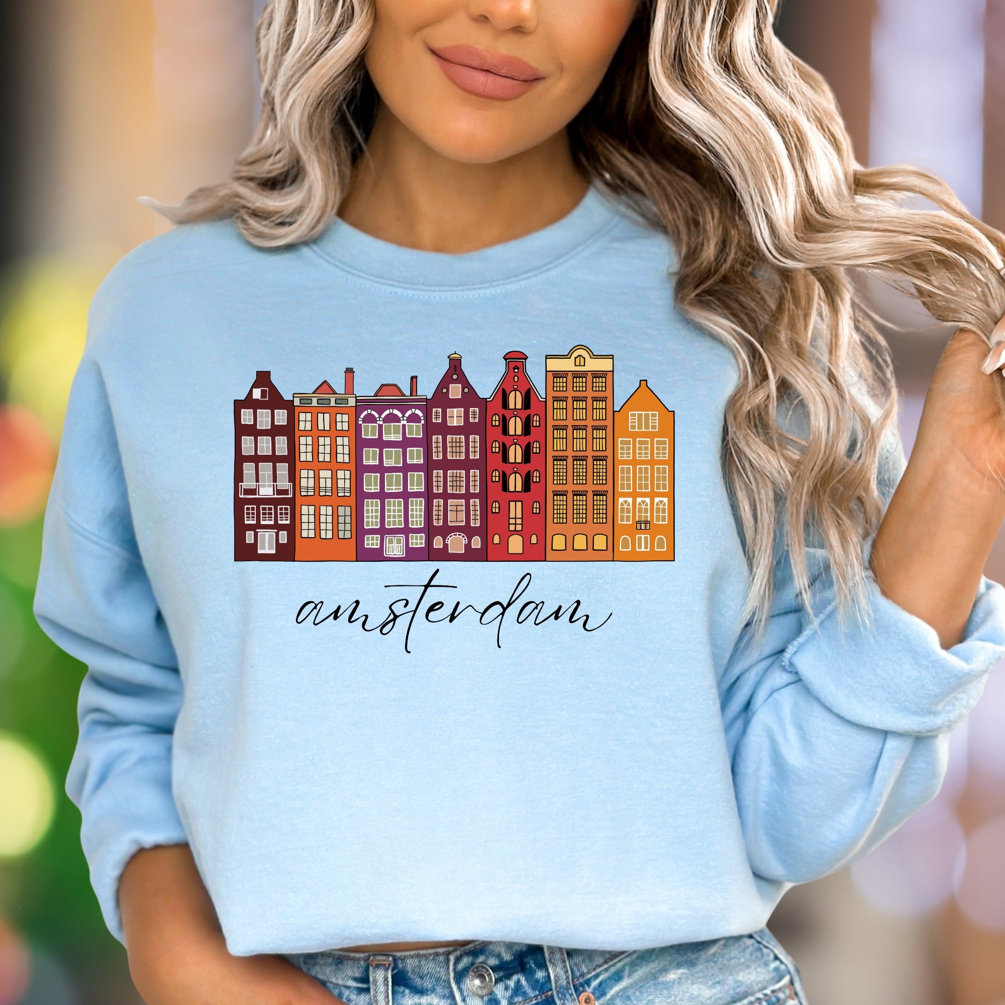 "Amsterdam" | Cityscape Graphic Unisex Adult Sweatshirt | Travel Lifestyle Apparel