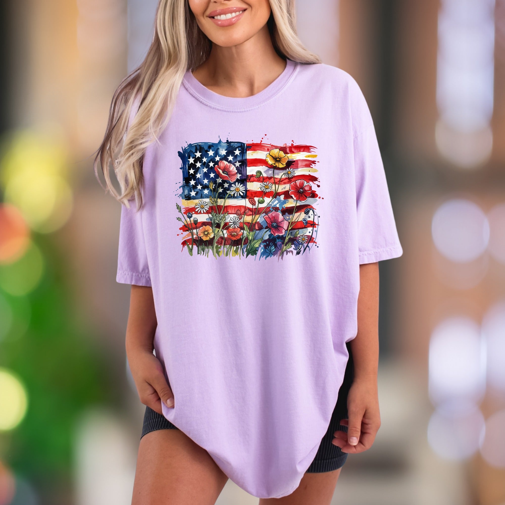 Floral America Flag Watercolor | Comfort Colors Unisex Adult T-Shirt | Patriotic Bloom