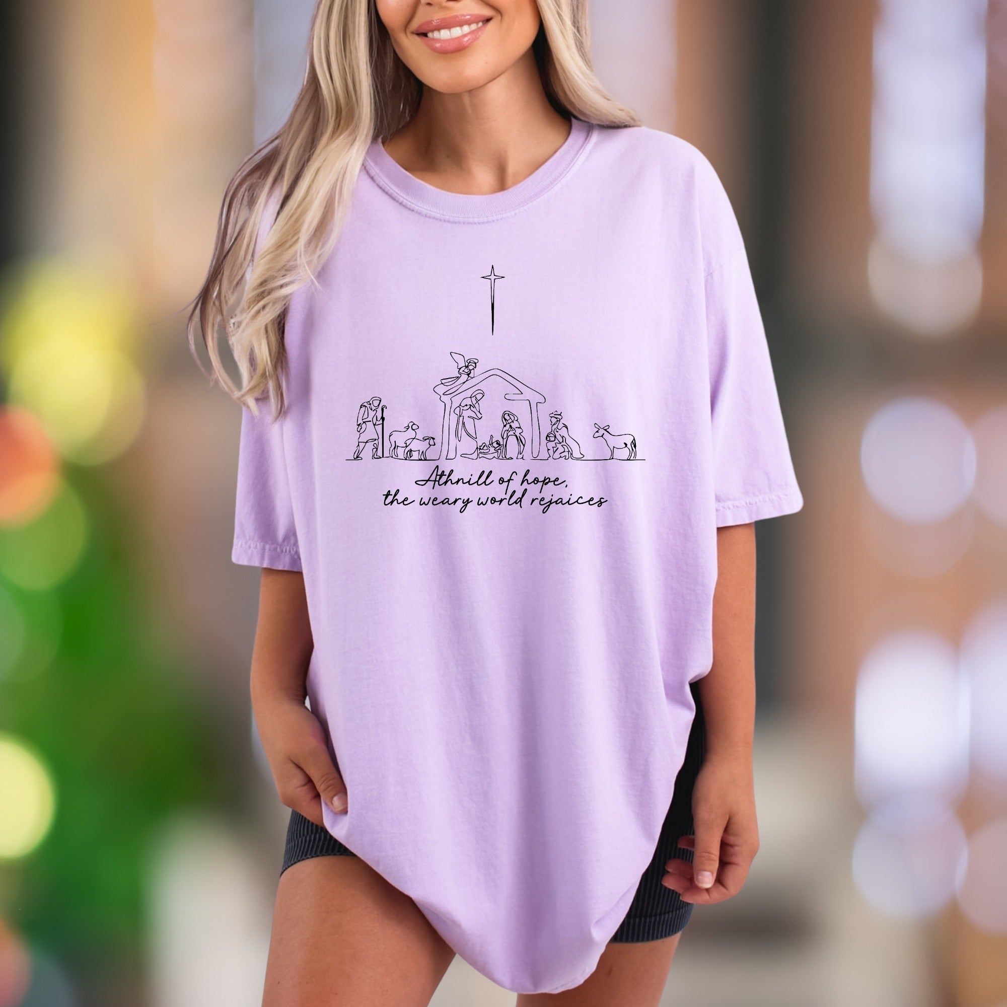 "A thrill of hope, the weary world rejoices" | Comfort Colors Unisex Adult T-Shirt | Minimal Nativity Scene