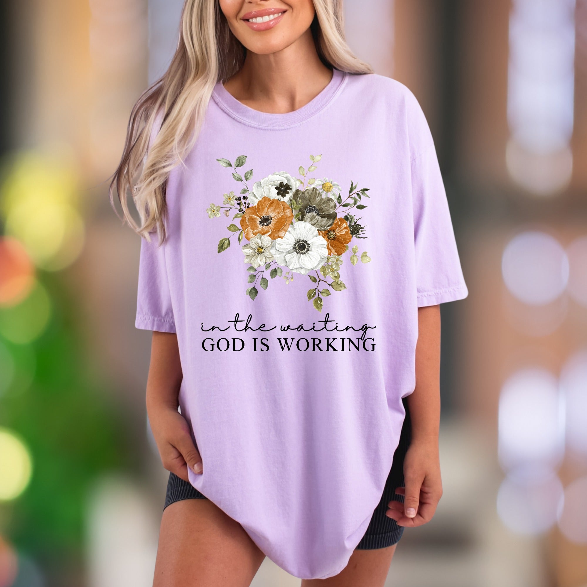 "In The Waiting God Is Working" | Comfort Colors Unisex Adult T-Shirt | Floral Motivational Style