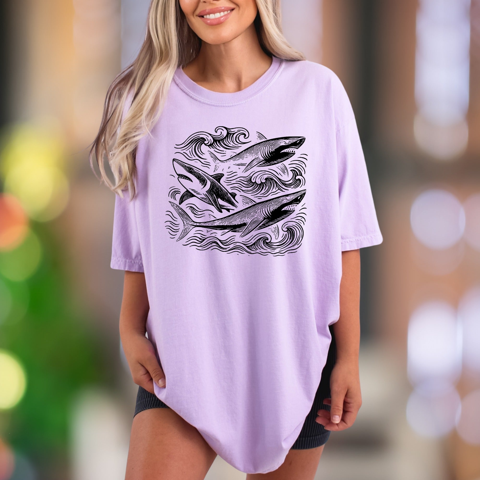 Ocean Waves & Sharks Sketch | Comfort Colors Unisex Adult T-Shirt | Coastal Lifestyle