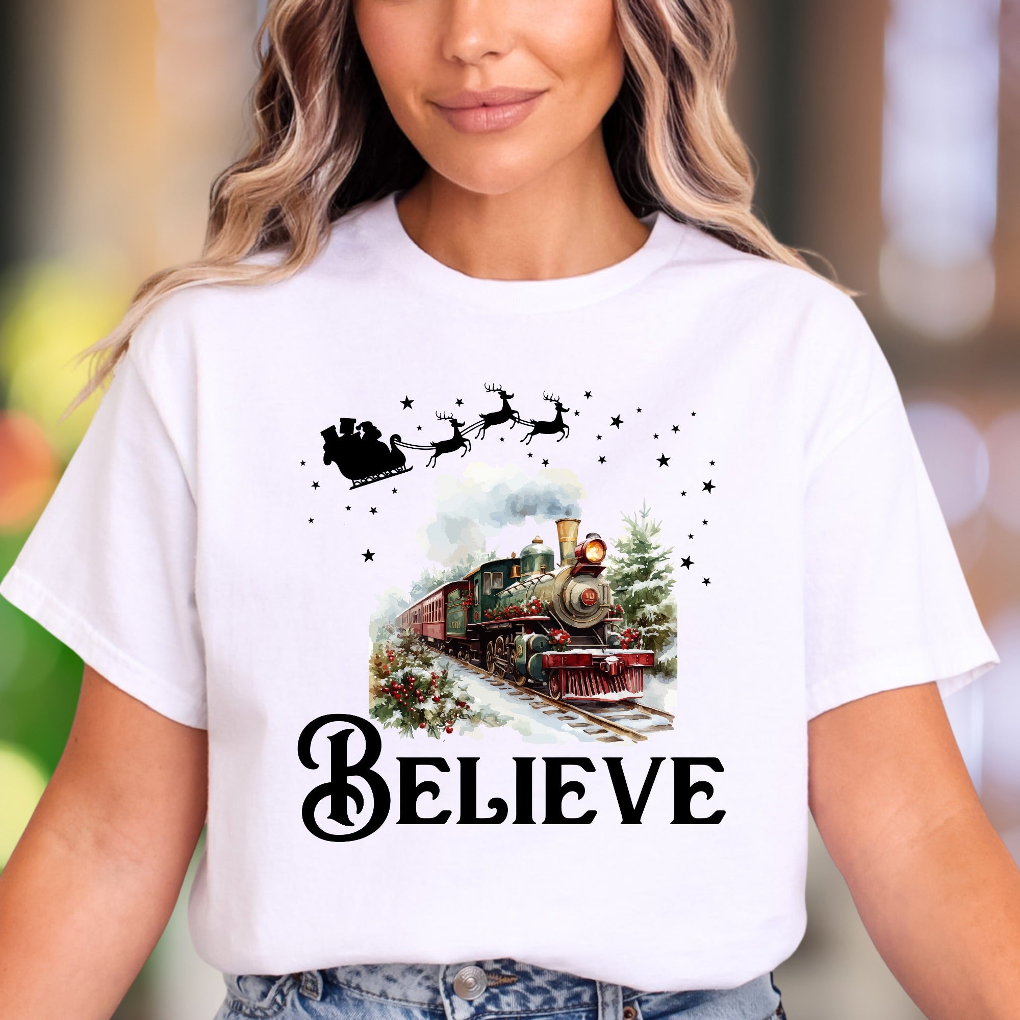 "Believe" | Festive Christmas Train Unisex Adult T-Shirt | Holiday Lifestyle
