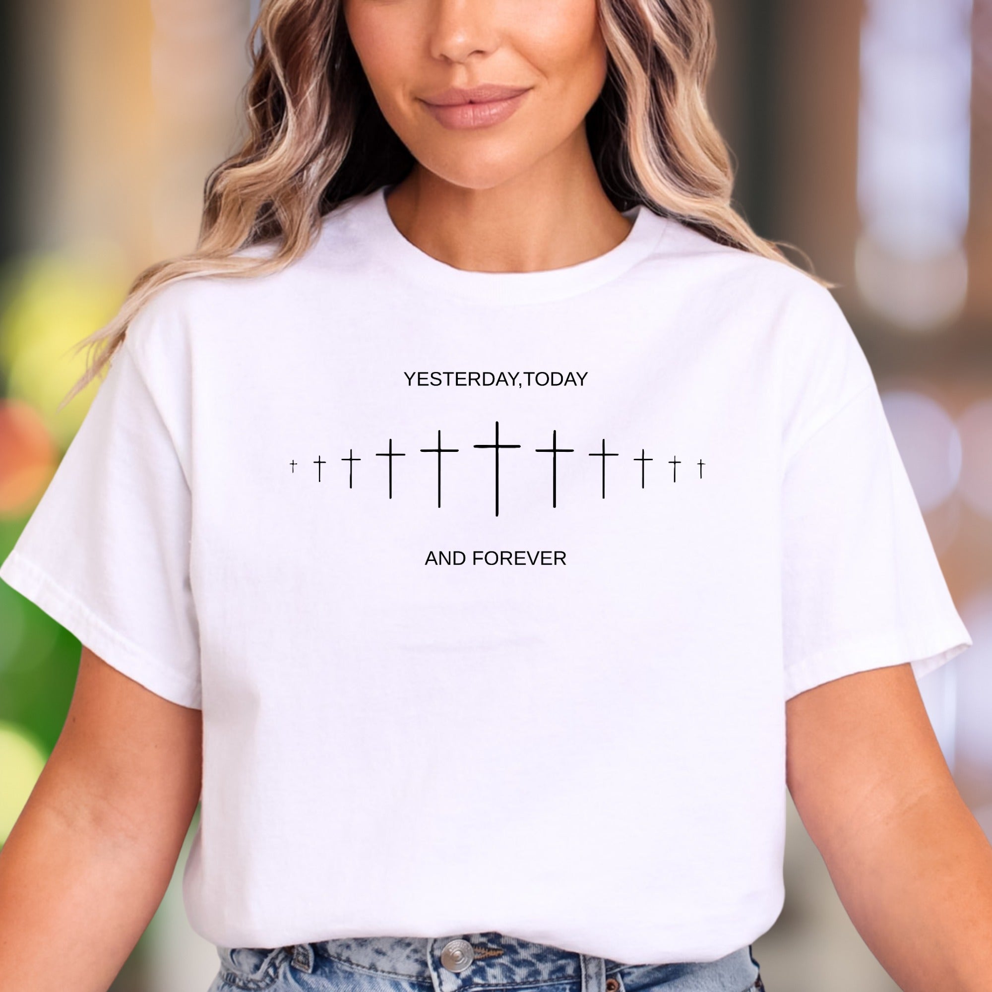 "Yesterday, Today And Forever" | Minimal Crosses Unisex Adult T-Shirt | Faithful Expression