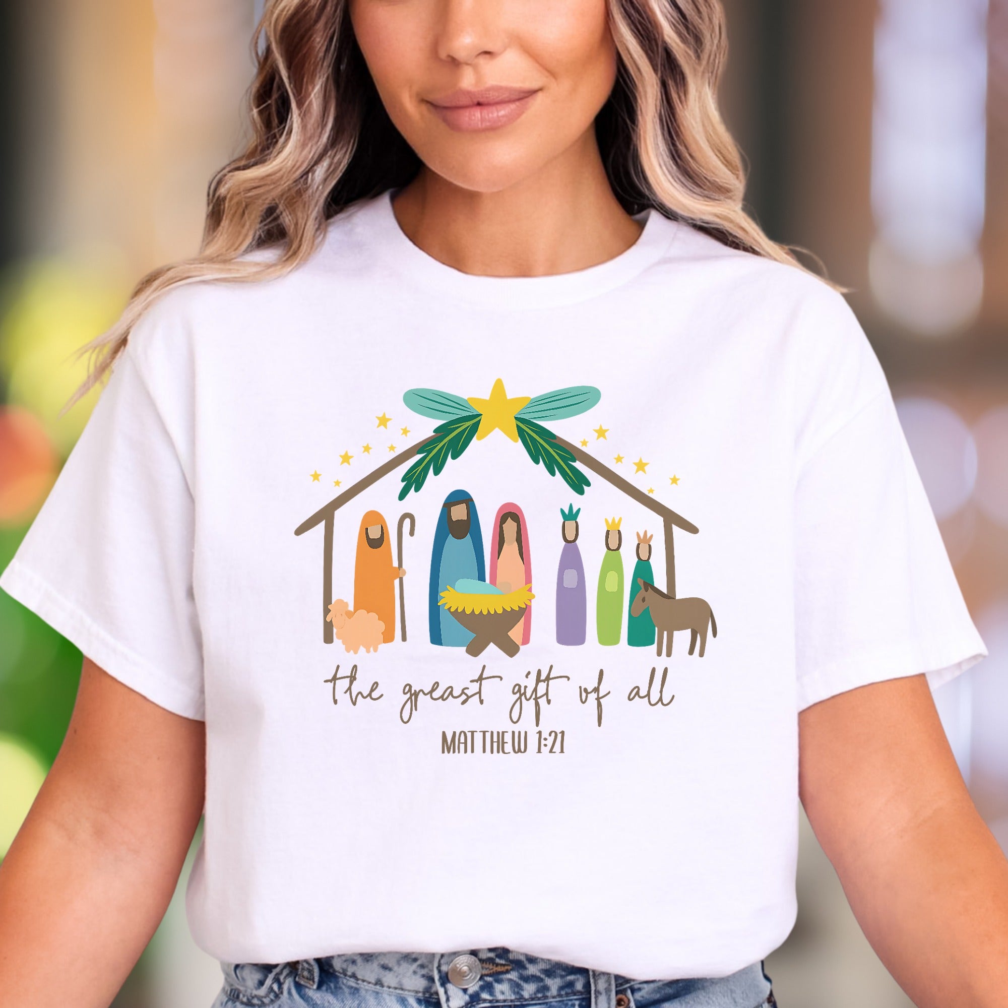 "The Greatest Gift Of All Matthew 1:21" | Nativity Scene Unisex Adult T-Shirt | Heartfelt Scripture Apparel